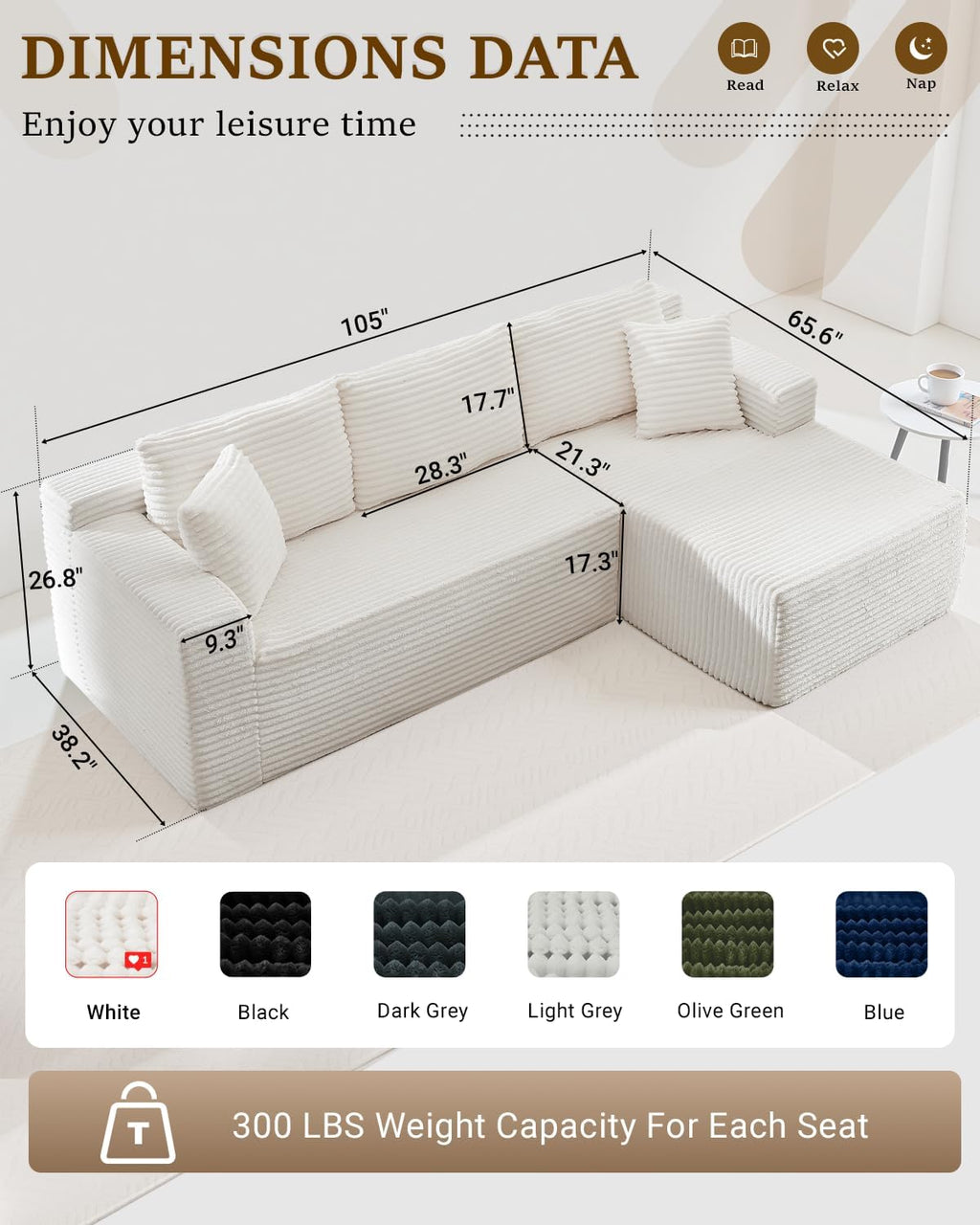 HANXIN Cloud Sectional Sofa L Shape Chaise Deep Seat Modular Living Room Couch