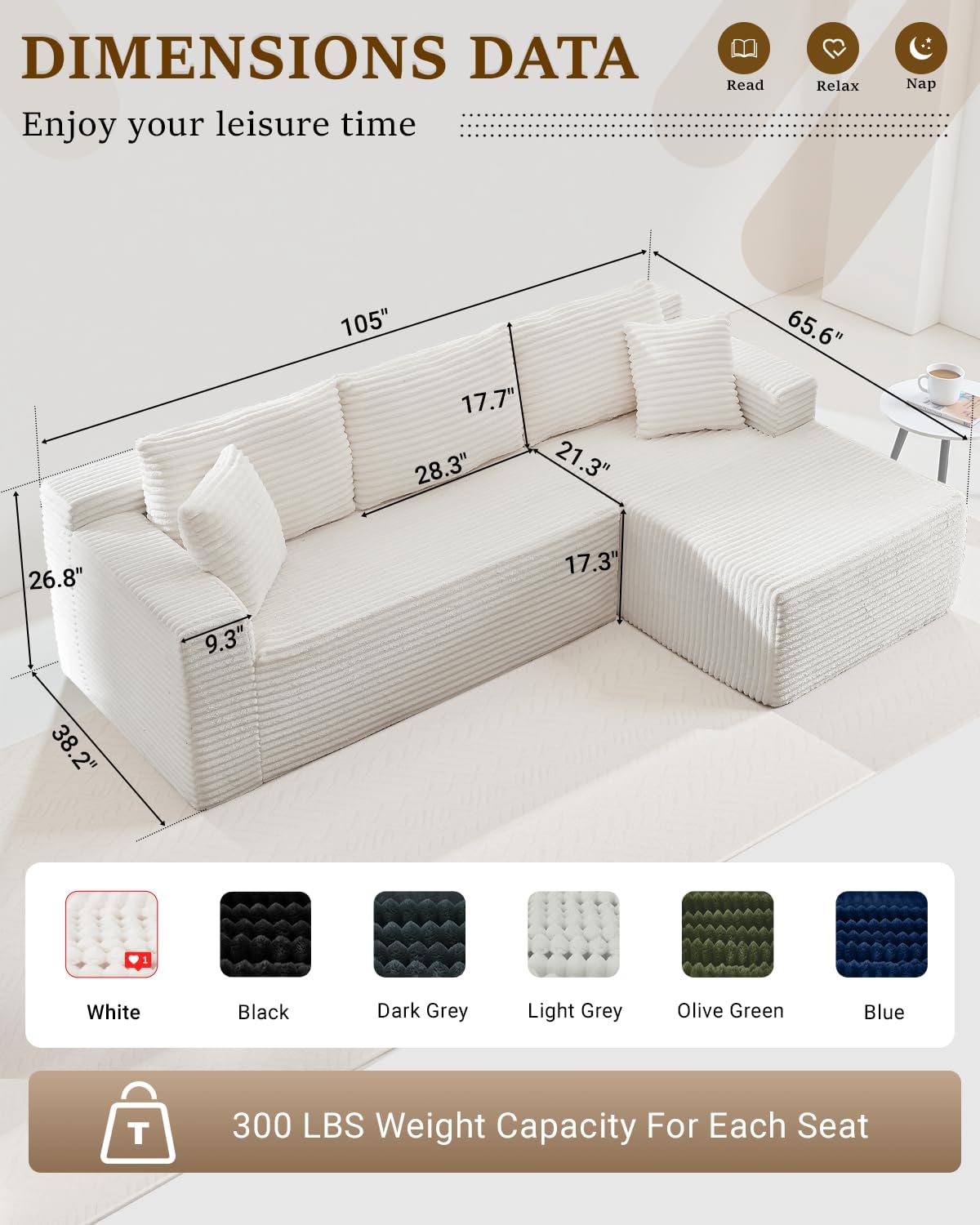 HANXIN Cloud Sectional Sofa L Shape Chaise Deep Seat Modular Living Room Couch