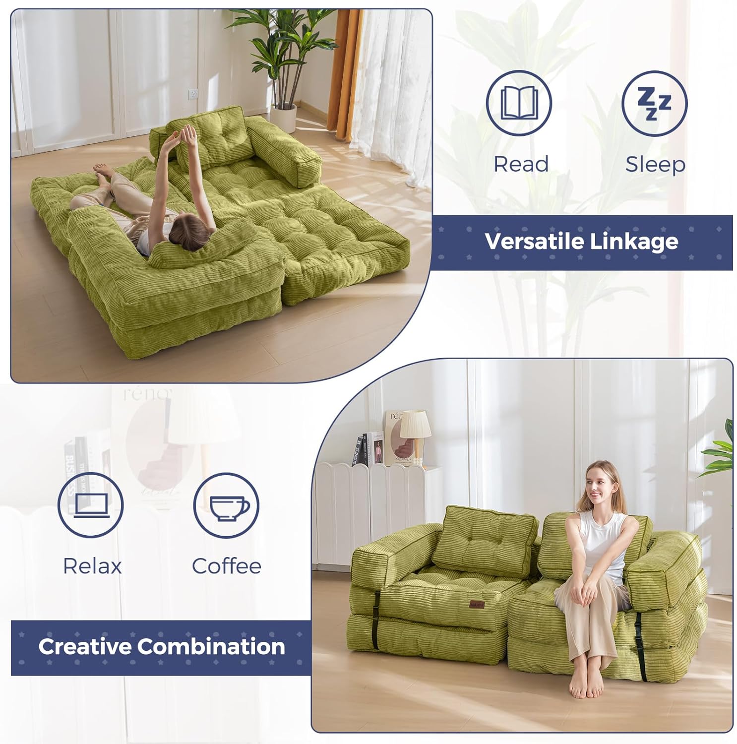 MAXYOYO L Shaped Folding Sofa Bed Convertible Sleeper with Pillow Armrest