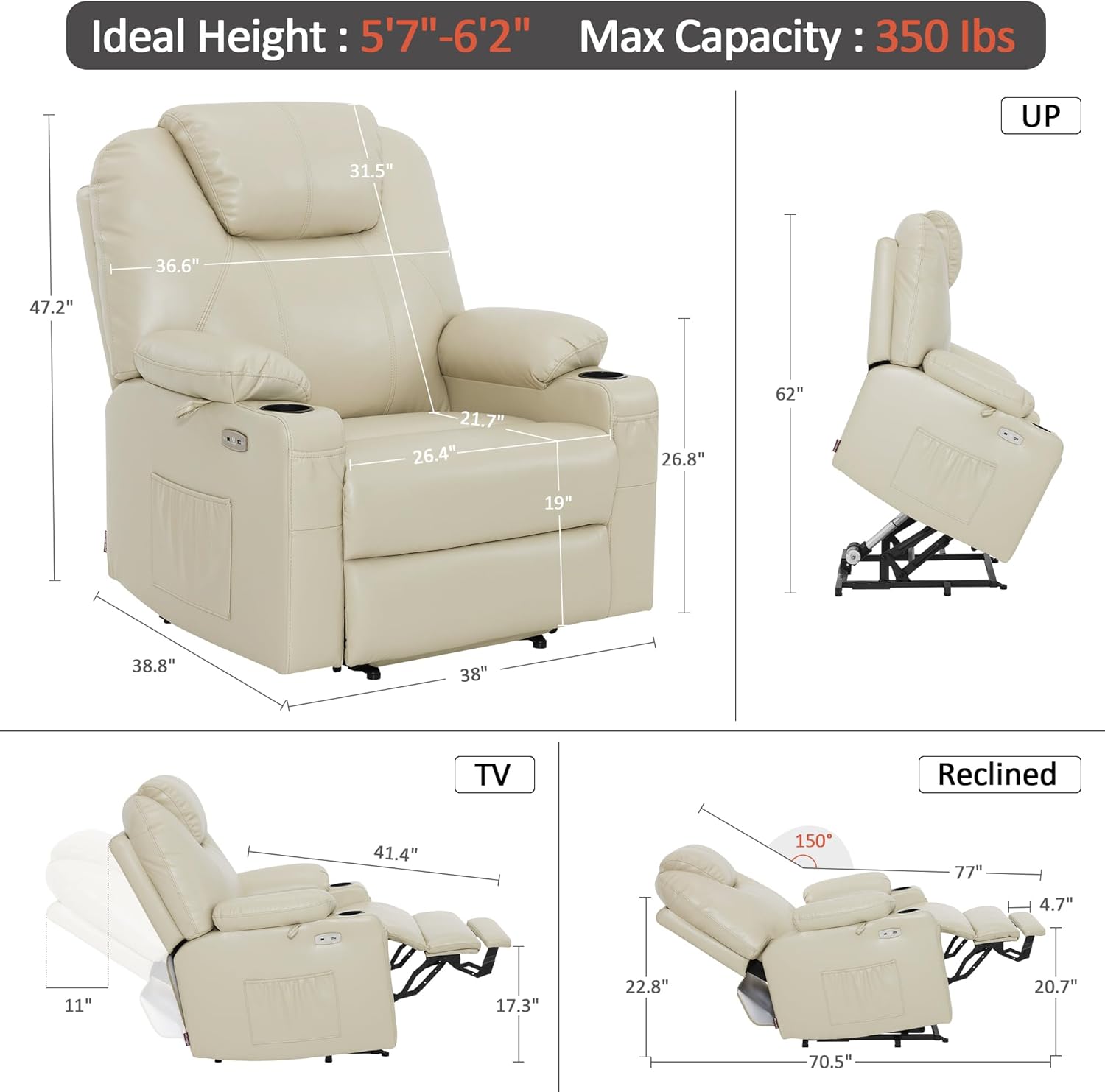 MCombo Electric Power Lift Recliner Massage Heat Chair for Elderly 3 Positions 2 Pockets USB