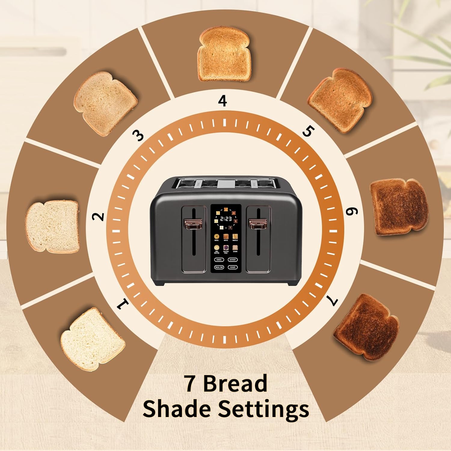 SEEDEEM 4 Slice Touch Screen Toaster LCD Display 7 Shade Settings Wide Slots 1800W