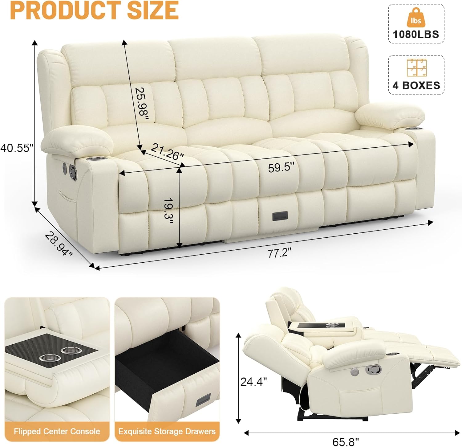 Dresegmt 3 Seat Loveseat Recliner Sofa Flip Middle Storage USB Ports Cup Holders