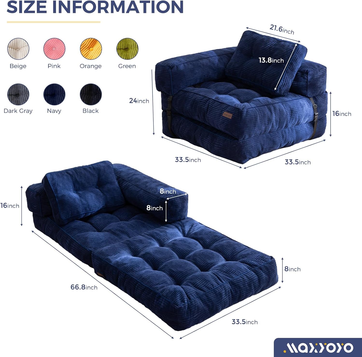 MAXYOYO L Shaped Folding Sofa Bed Convertible Sleeper with Pillow Armrest