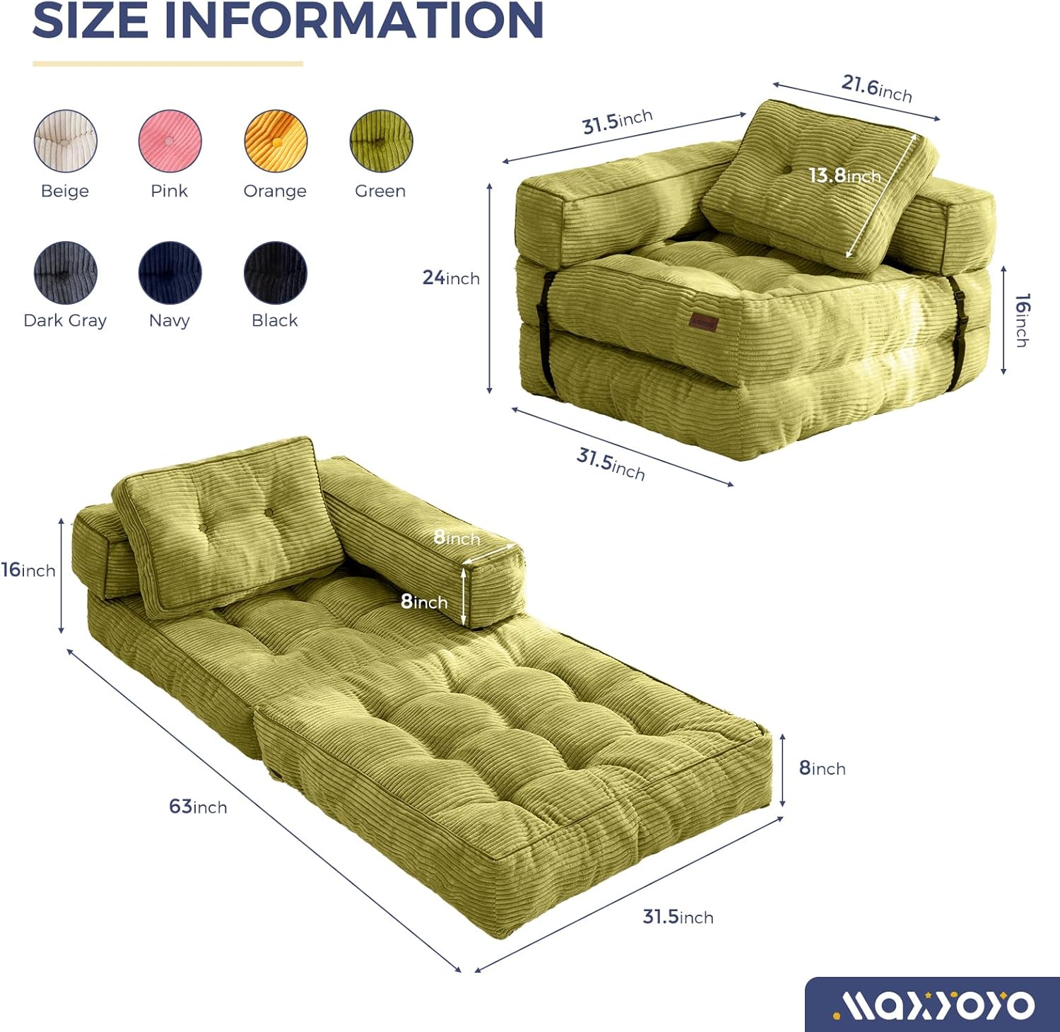 MAXYOYO L Shaped Folding Sofa Bed Convertible Sleeper with Pillow Armrest