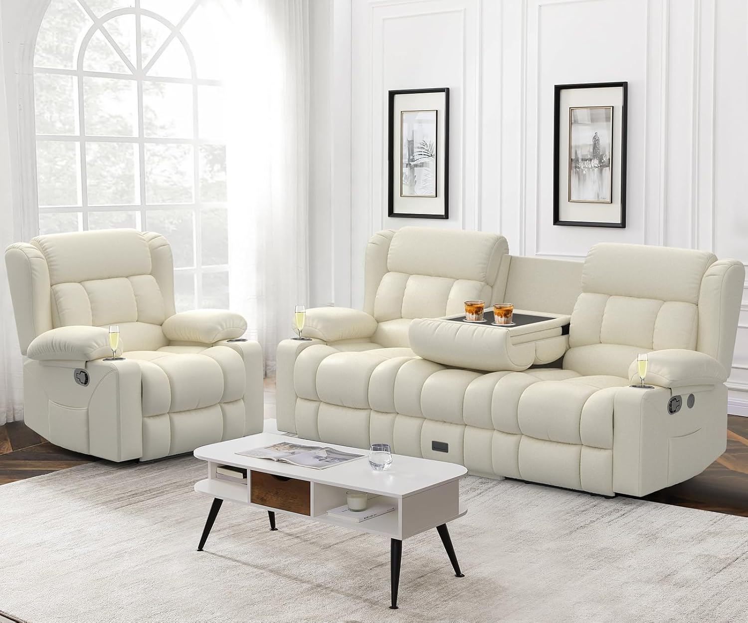 Dresegmt Loveseat Recliner Sofa 3 Seat Flip Backrest with Storage USB Cup Holders