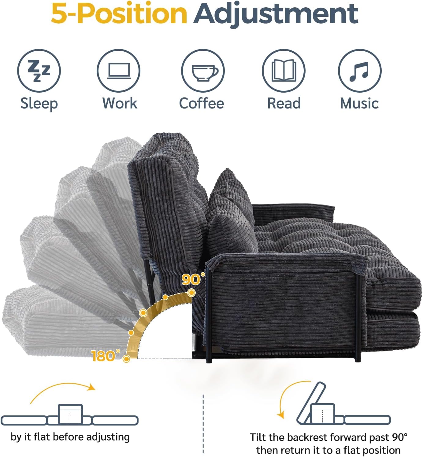 MAXYOYO Adjustable Floor Sofa Bed with Armrest Double Black Foldable Sleeper