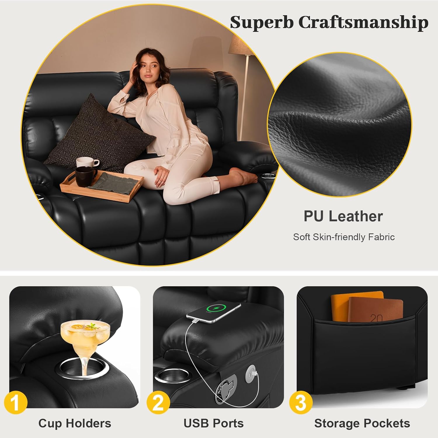 FURNIMAT Loveseat Recliner Sofa 2 Seater PU Leather Couch with USB Cup Holders