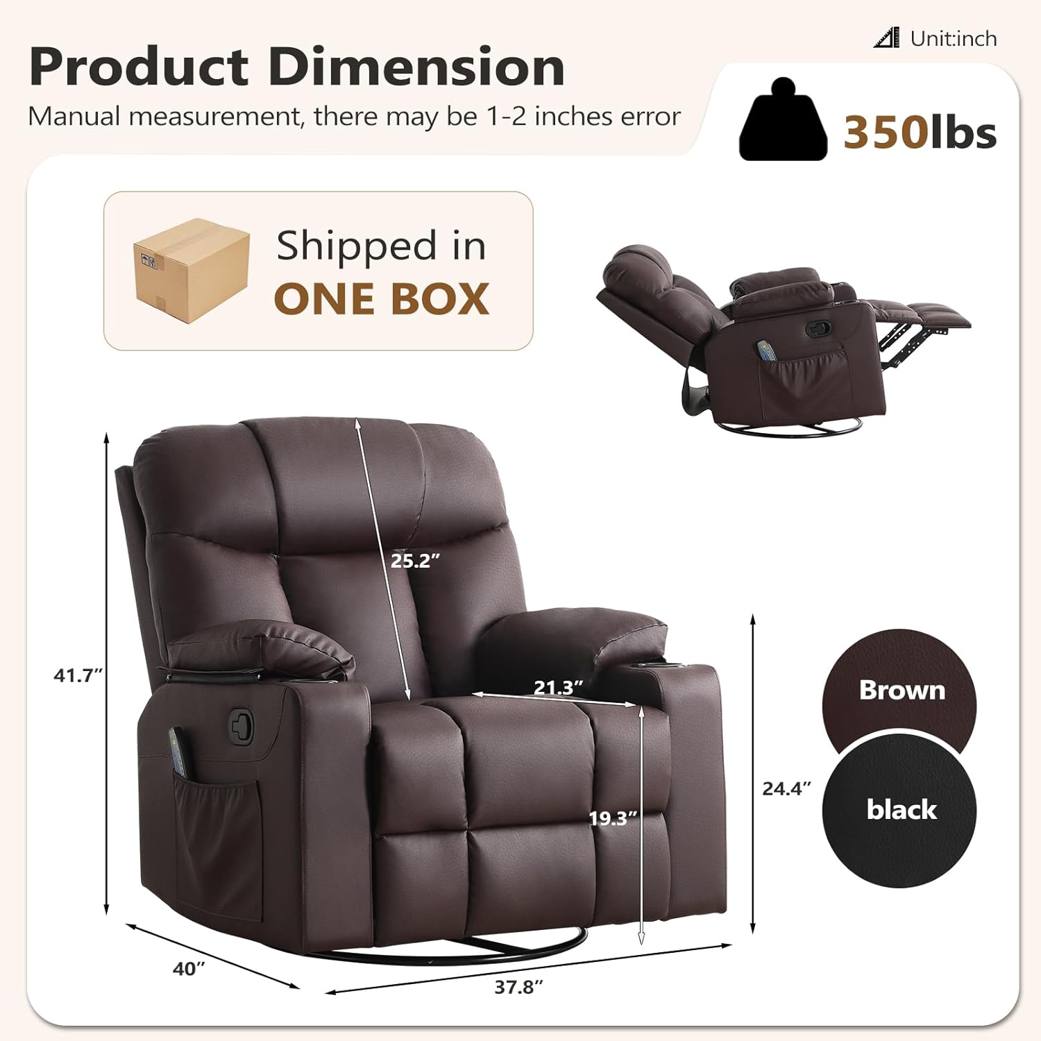 ANJ Swivel Rocker Recliner Chair Manual Fabric Small Space