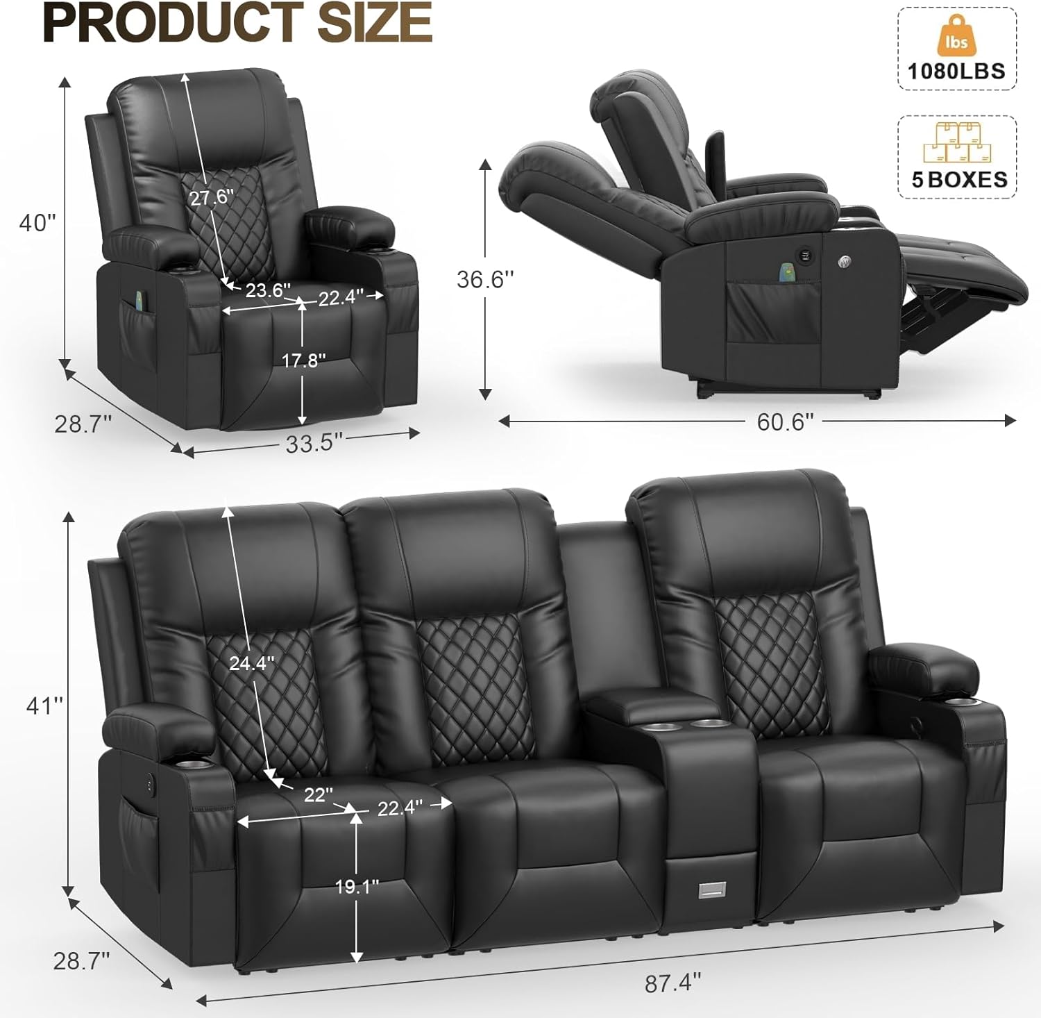 YONISEE 3 Seat Recliner Sofa Large Manual Reclining Couch with Storage Console