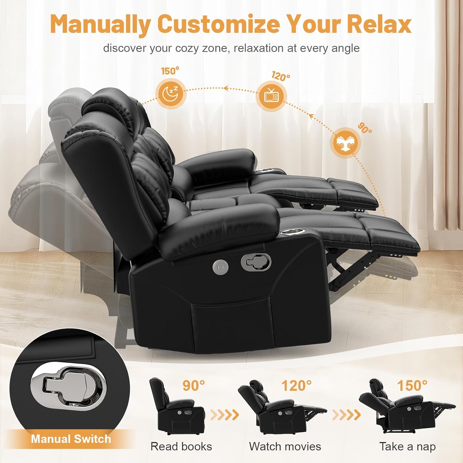 Dresegmt Loveseat Recliner Sofa 3 Seat Flip Backrest with Storage USB Cup Holders