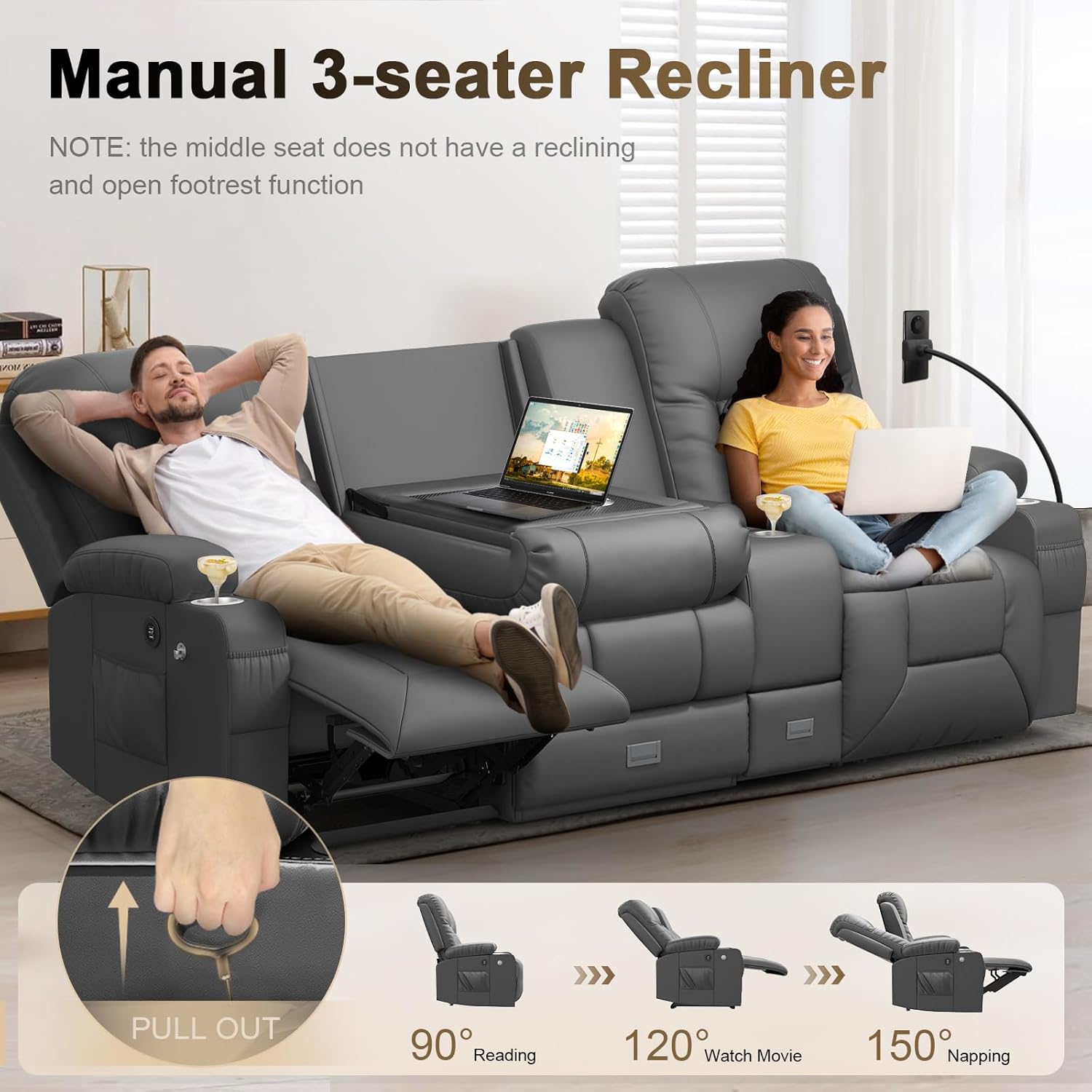 YONISEE 3 Seat Recliner Sofa with Storage Console USB Ports and Cup Holders