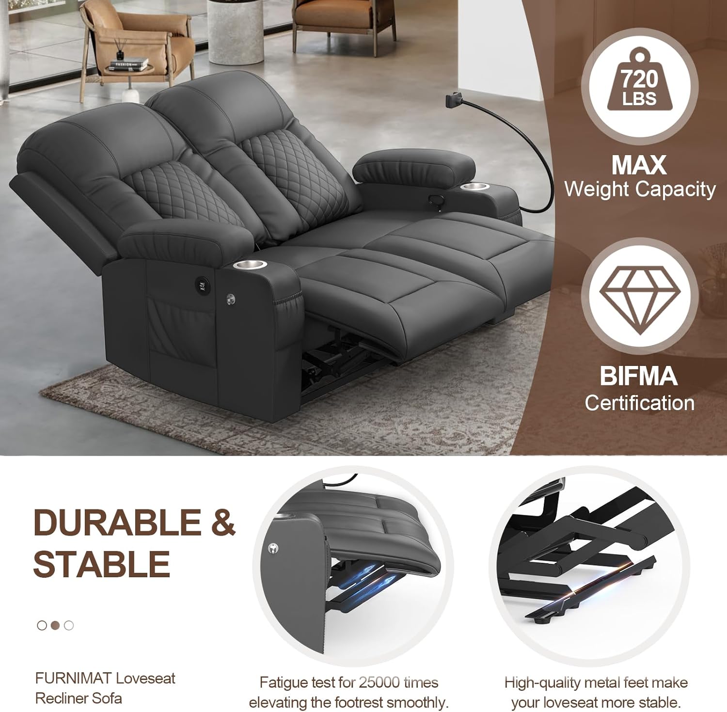 FURNIMAT Loveseat Recliner Sofa 2 Seater PU Leather Couch with USB Cup Holders