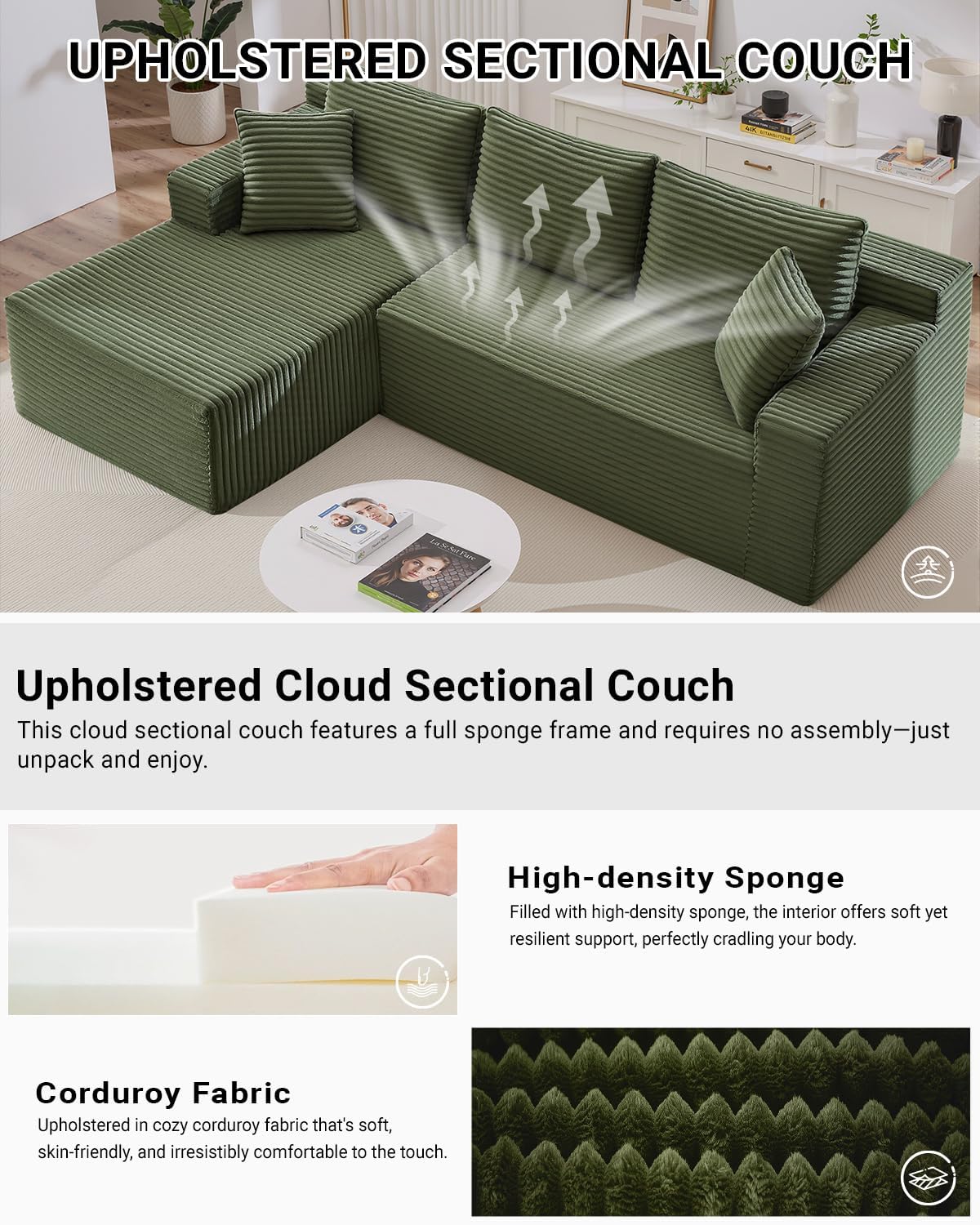 HANXIN Cloud Sectional Sofa L Shape Chaise Deep Seat Modular Living Room Couch