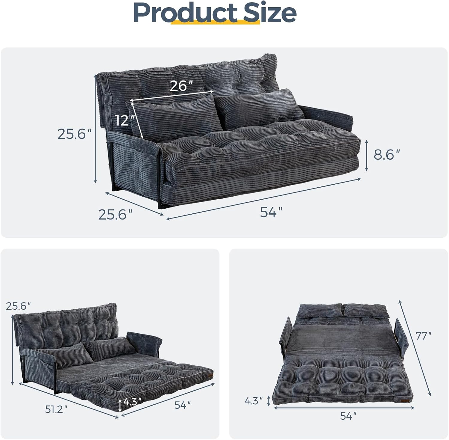 MAXYOYO Adjustable Floor Sofa Bed with Armrest Double Black Foldable Sleeper