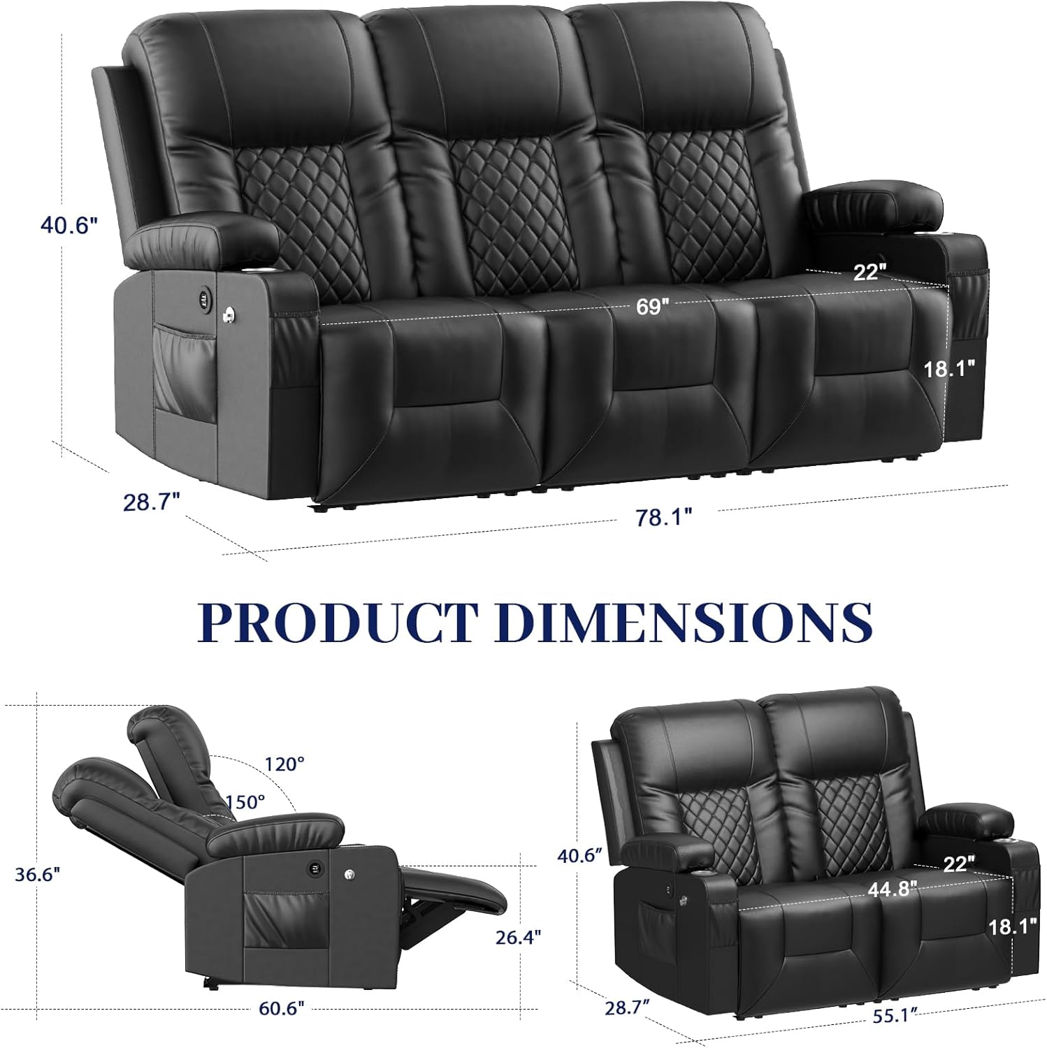 FURNIMAT 2 Seater Loveseat Recliner Sofa PU Leather with Cup Holders USB Ports