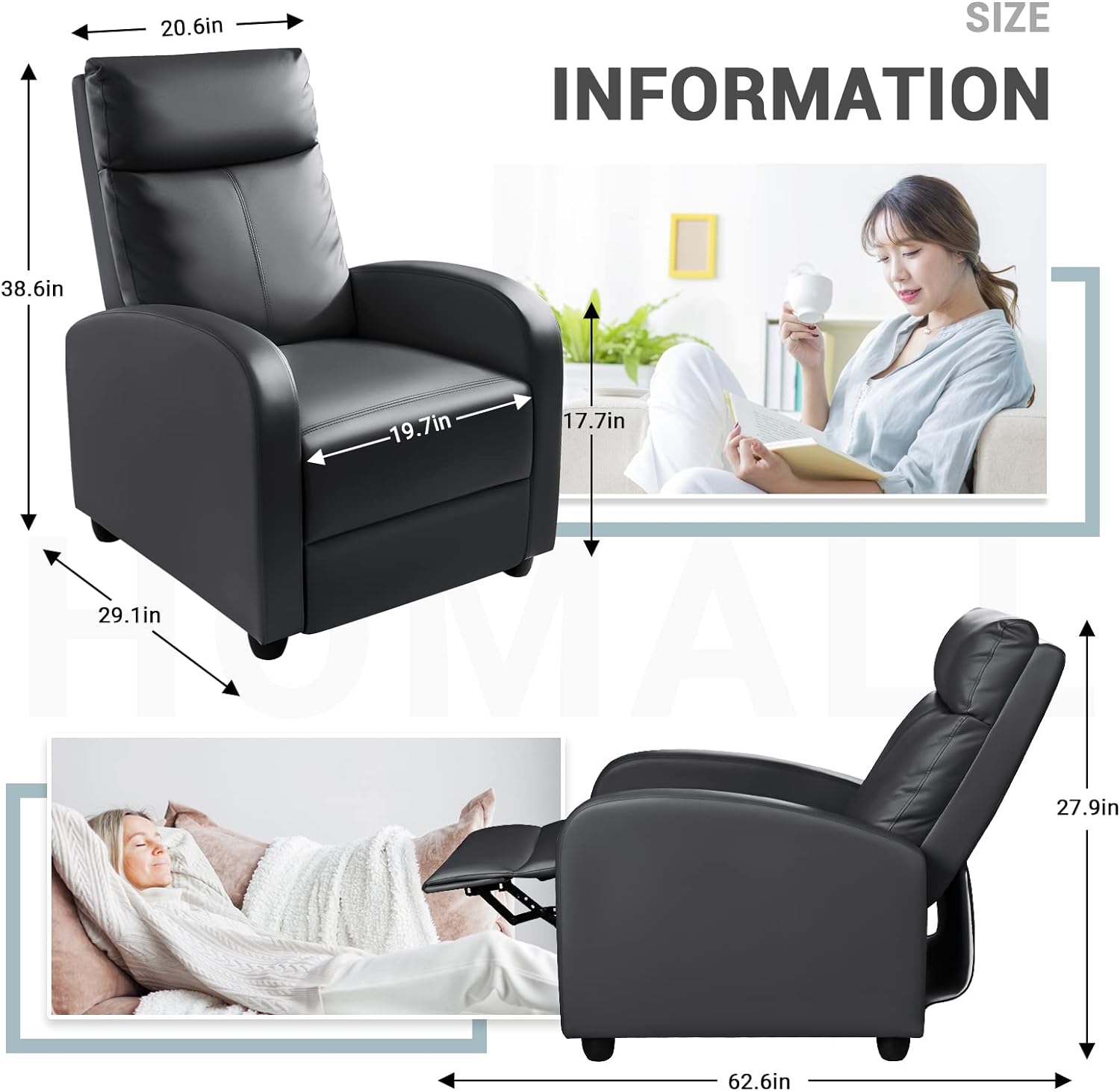 Homall Modern Recliner Chair PU Leather Padded Seat Single Sofa