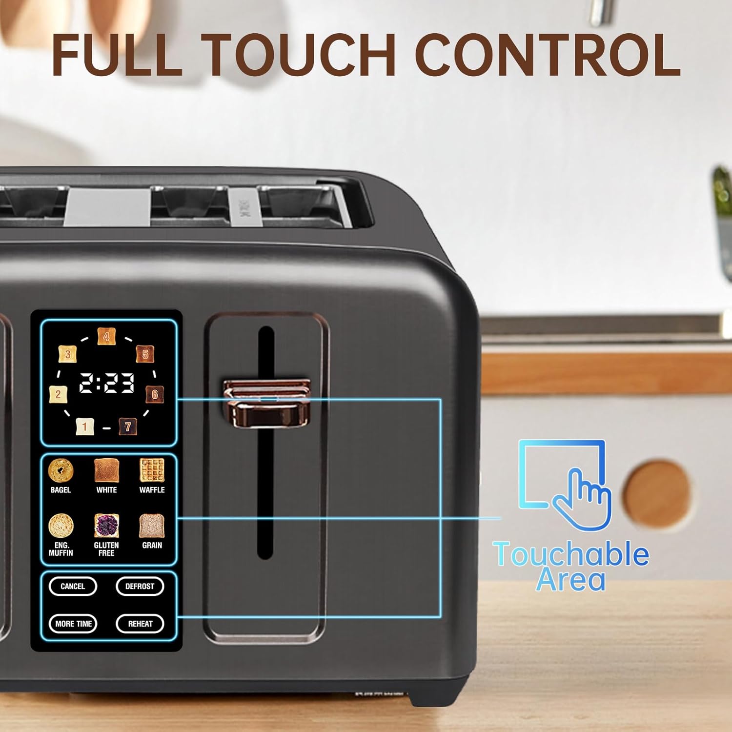 SEEDEEM 4 Slice Touch Screen Toaster LCD Display 7 Shade Settings Wide Slots 1800W