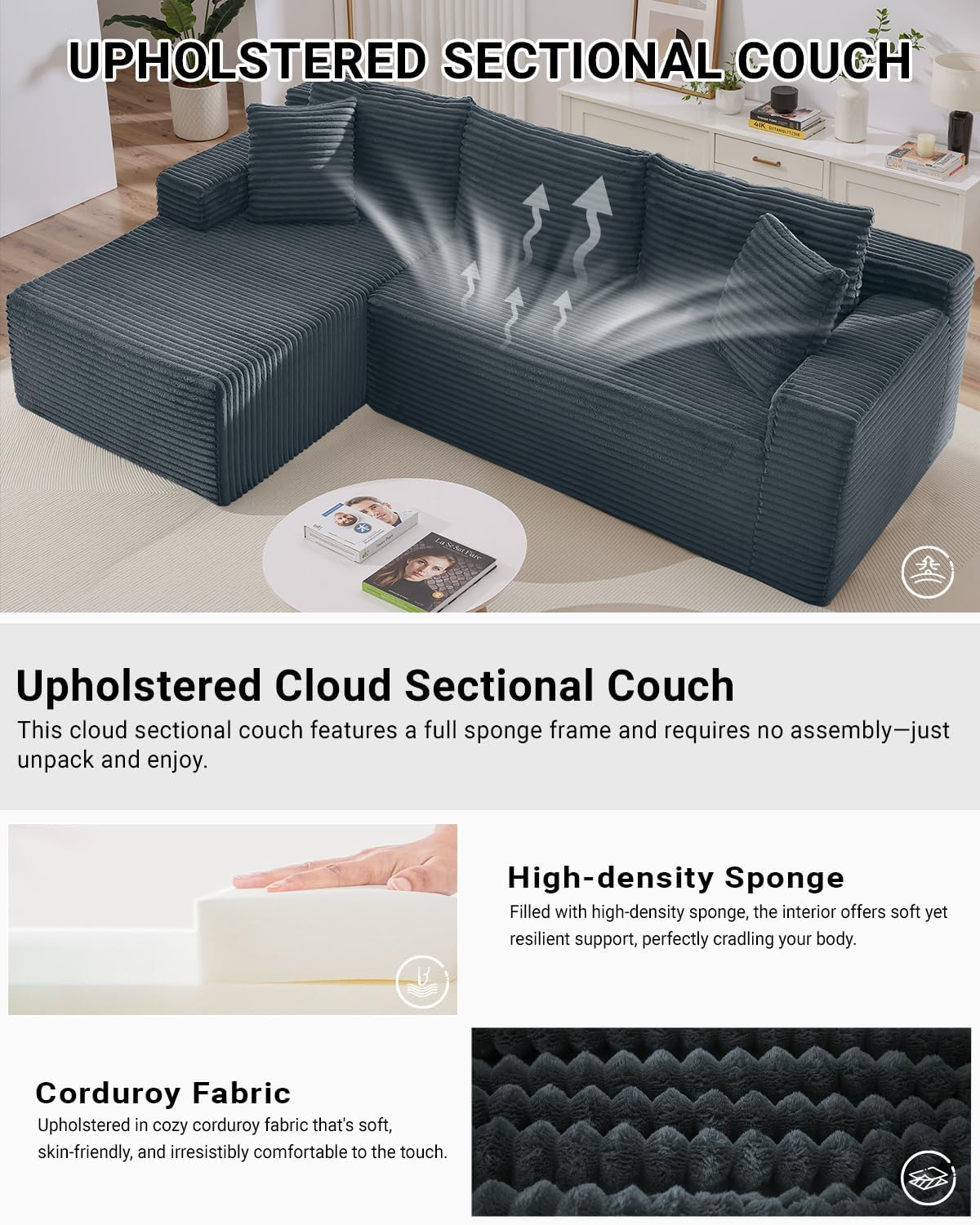 HANXIN Cloud Sectional Sofa L Shape Chaise Deep Seat Modular Living Room Couch