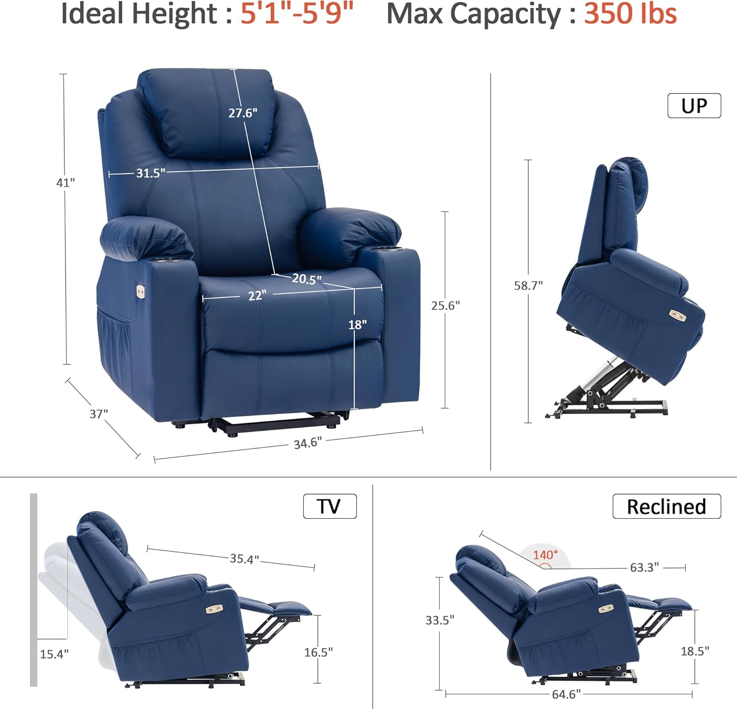 MCombo Electric Power Lift Recliner Massage Heat Chair for Elderly 3 Positions 2 Pockets USB