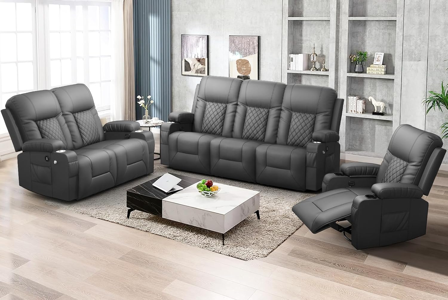 FURNIMAT Loveseat Recliner Sofa 2 Seater PU Leather Couch with USB Cup Holders