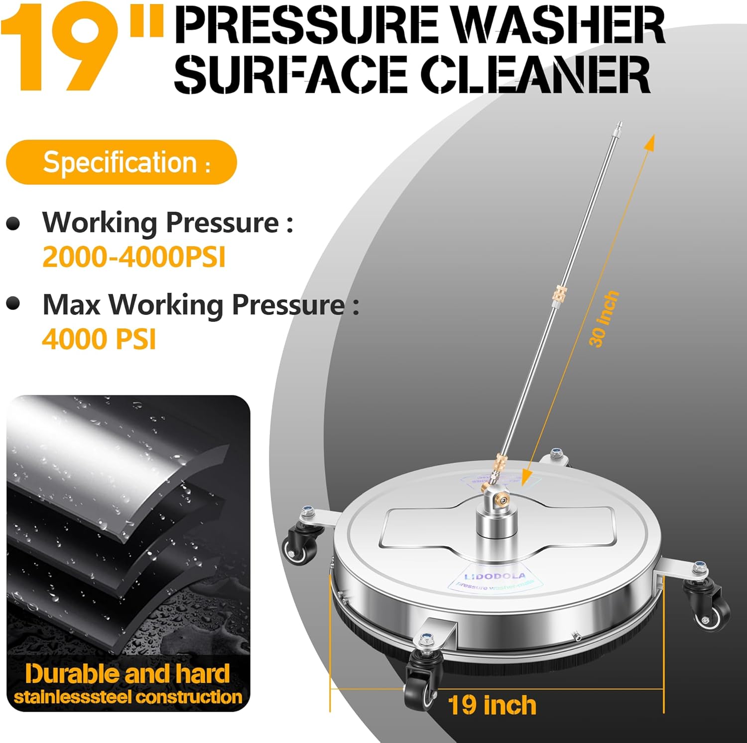 LidoDola 14 Inch Pressure Washer Surface Cleaner with Wheels for Concrete Patio Deck
