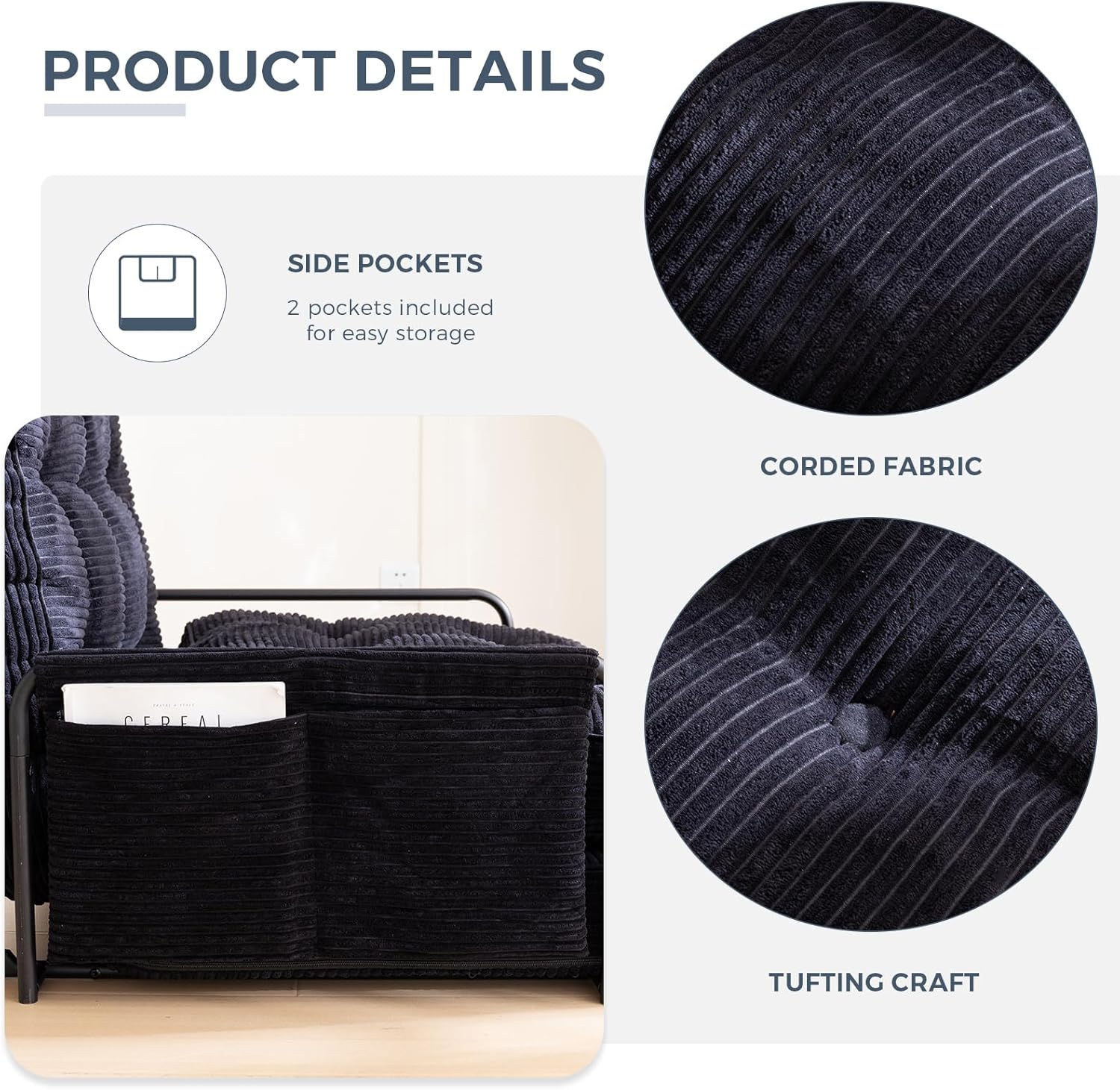 MAXYOYO Adjustable Floor Sofa Bed with Armrest Double Black Foldable Sleeper
