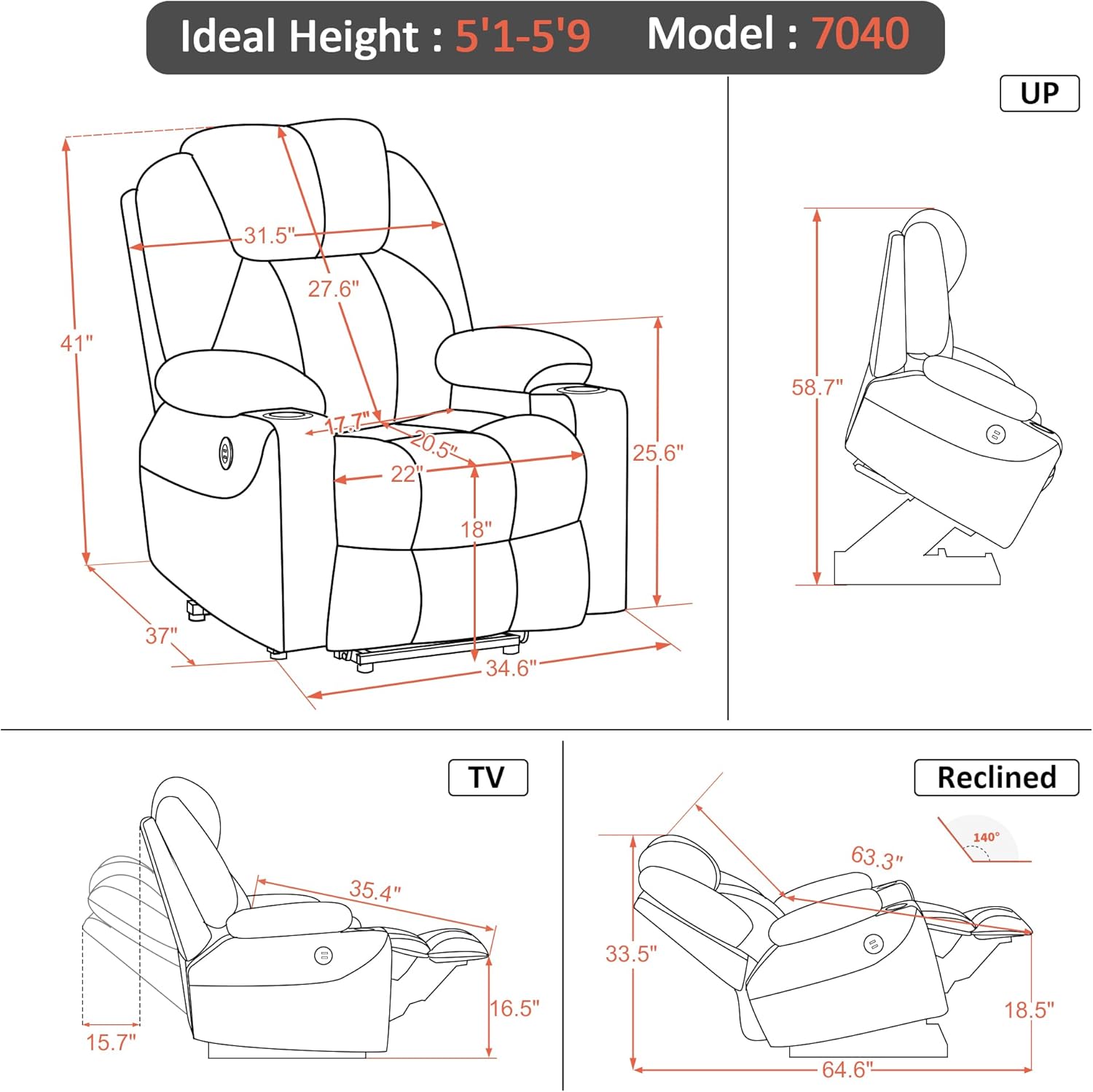 MCombo Power Lift Recliner Chair for Elderly with Heat Massage USB Cup Holders