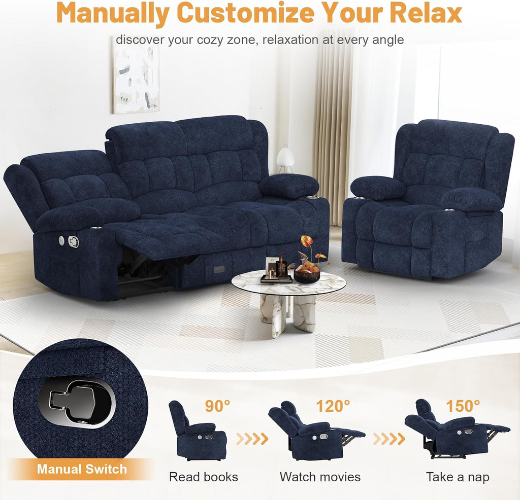 Dresegmt Loveseat Recliner Sofa 3 Seat Flip Backrest with Storage USB Cup Holders