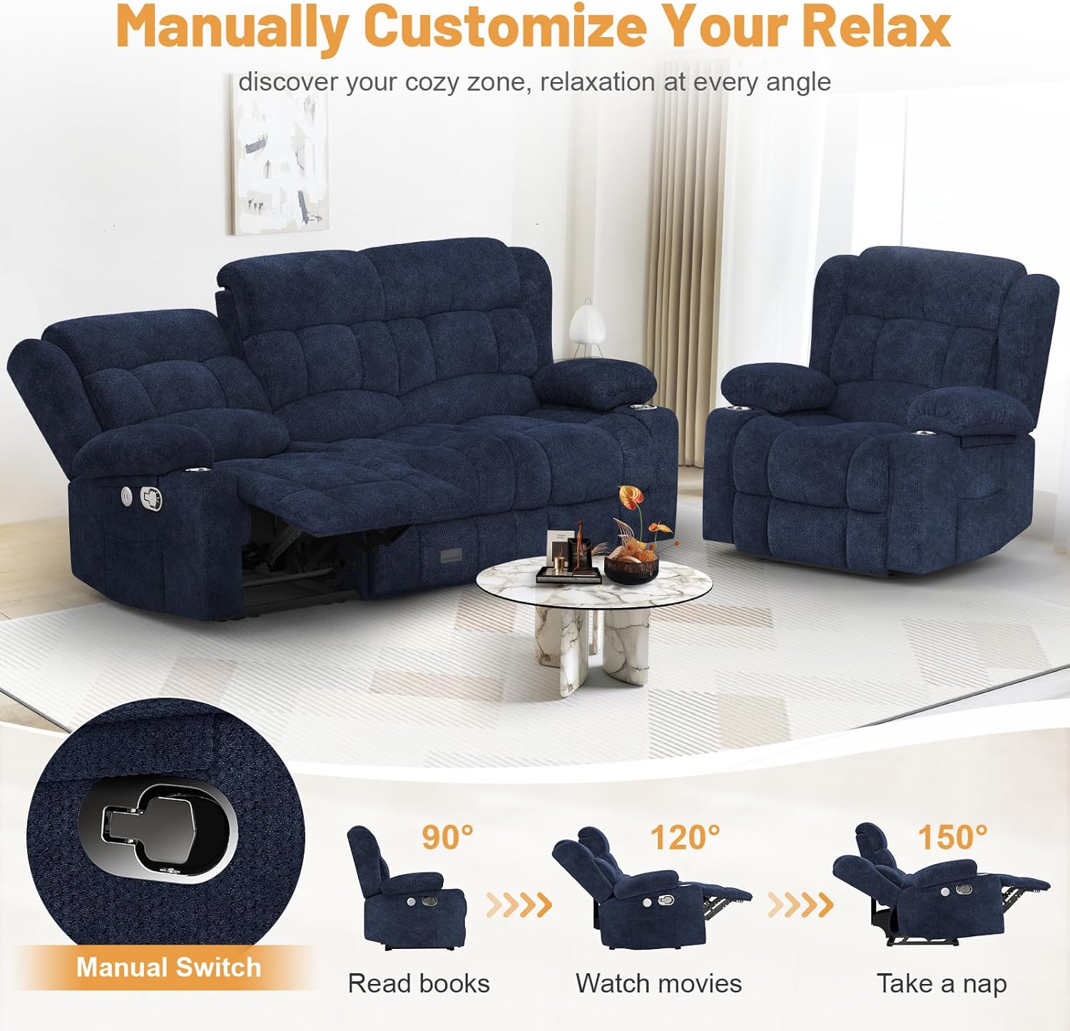 Dresegmt Loveseat Recliner Sofa 3 Seat Flip Backrest with Storage USB Cup Holders