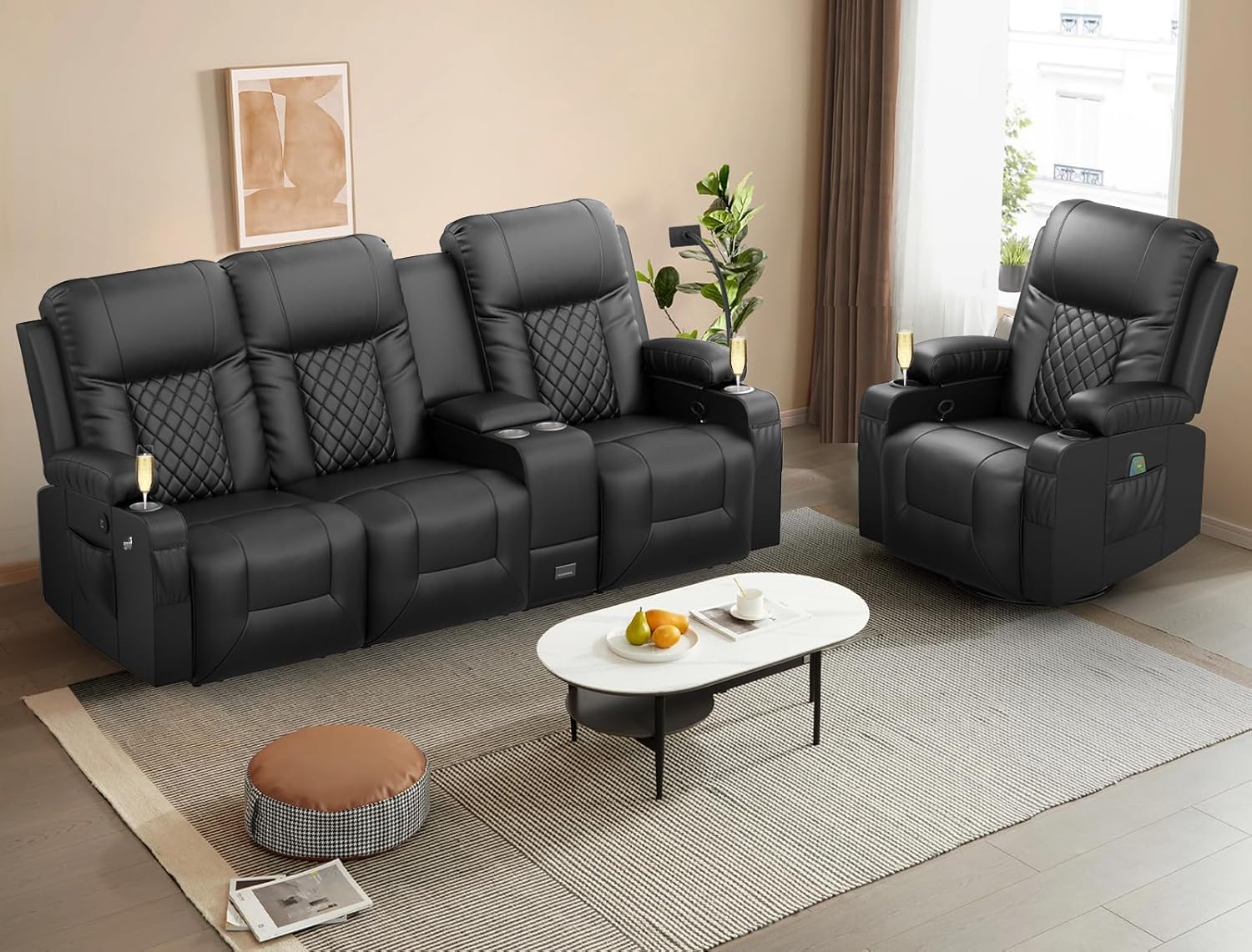YONISEE 3 Seat Recliner Sofa Large Manual Reclining Couch with Storage Console