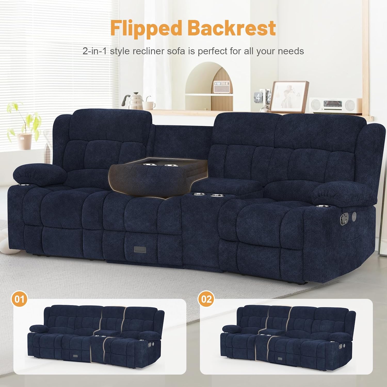 Dresegmt Loveseat Recliner Sofa 3 Seat Flip Backrest with Storage USB Cup Holders