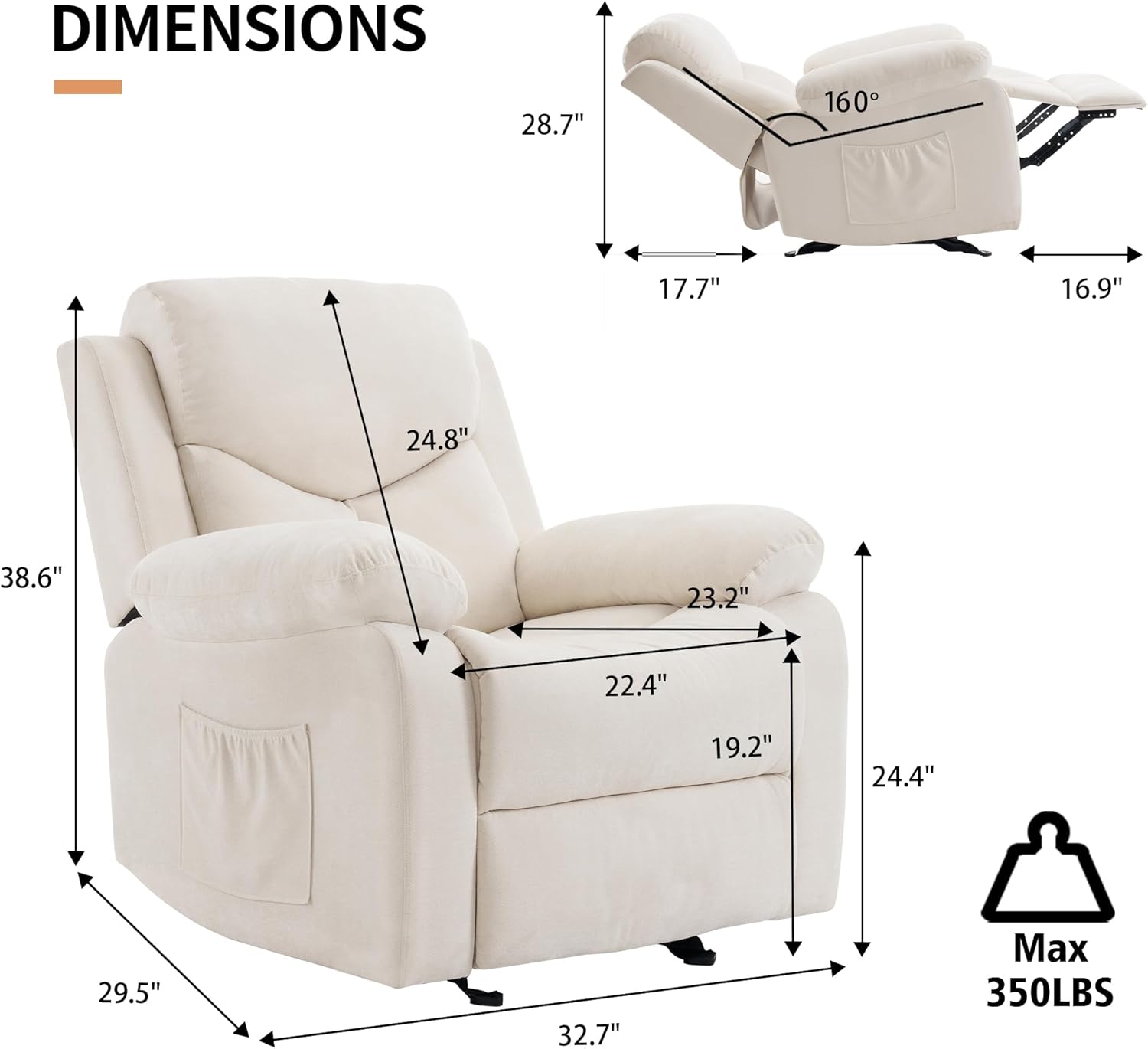Sftaiyou Manual Rocker Recliner Chair Massage Fabric Overstuffed Soft Recliner