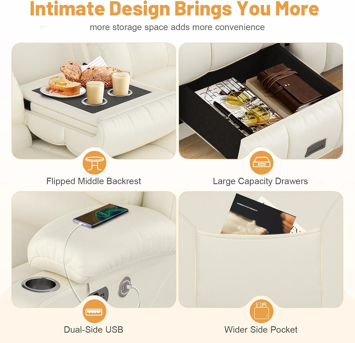 Dresegmt 3 Seat Loveseat Recliner Sofa Flip Middle Storage USB Ports Cup Holders