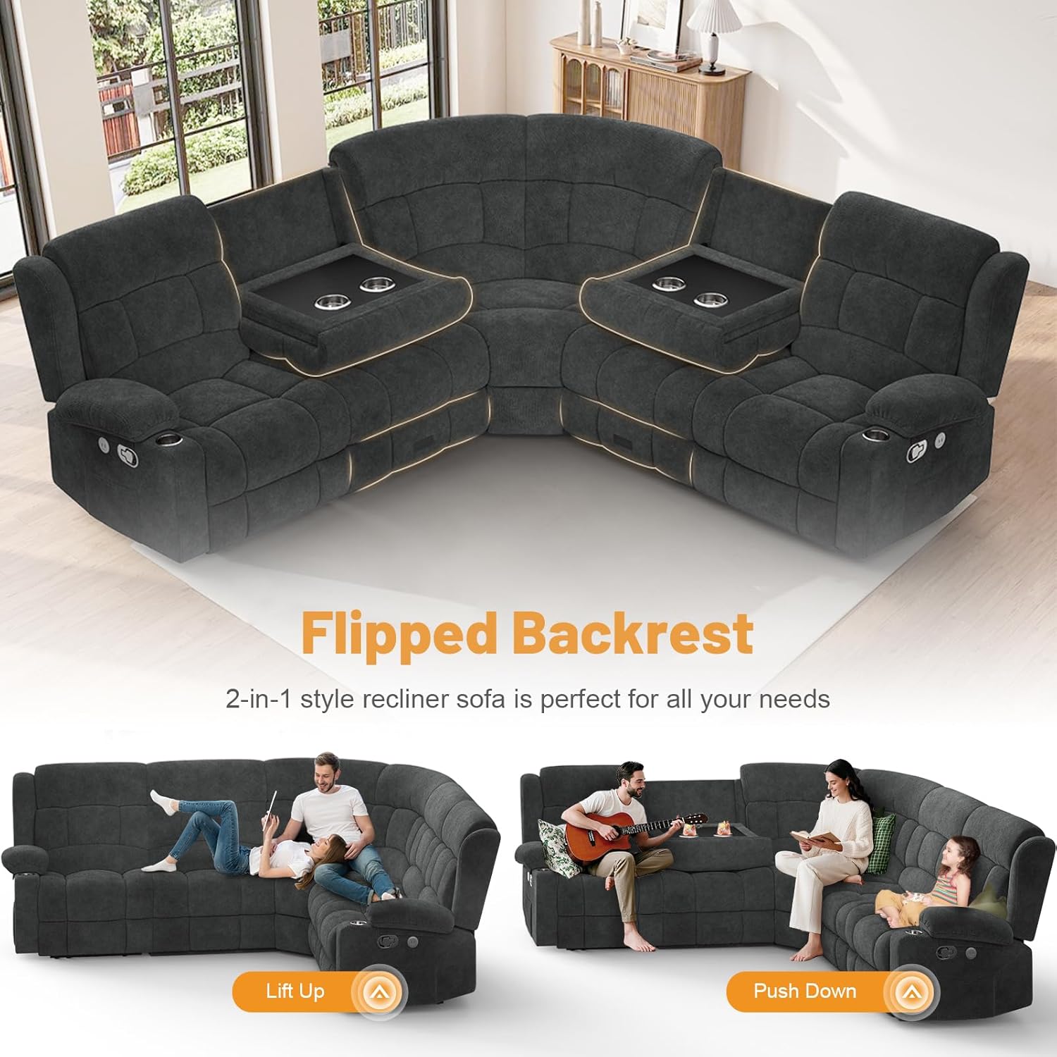 Dresegmt Loveseat Recliner Sofa 3 Seat Flip Backrest with Storage USB Cup Holders