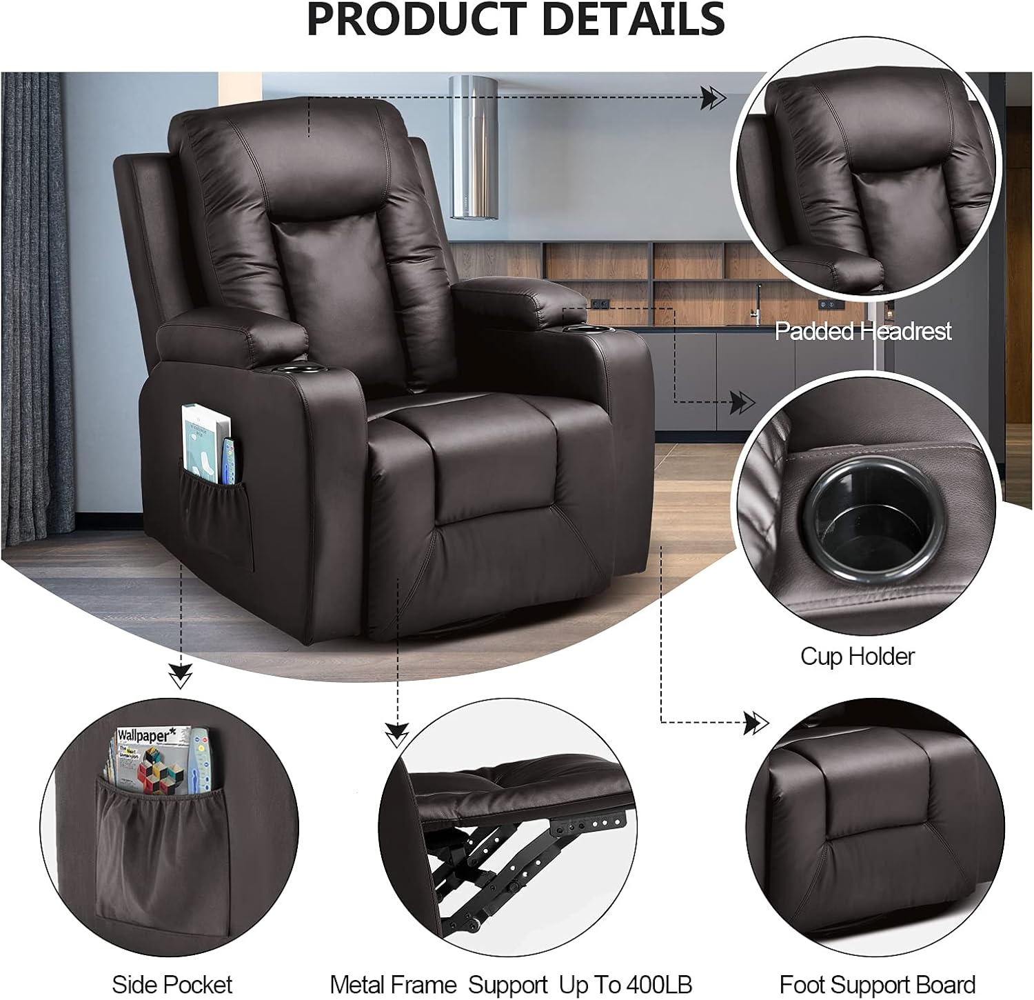 COMHOMA PU Leather Recliner Chair Heated Massage Swivel Rocker Brown