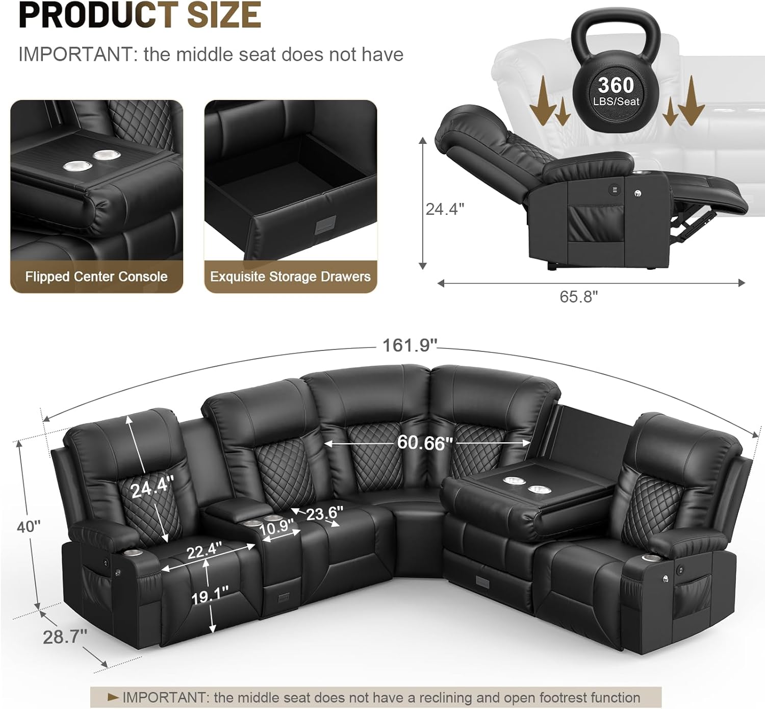 YONISEE 3 Seat Recliner Sofa with Storage Console USB Ports and Cup Holders