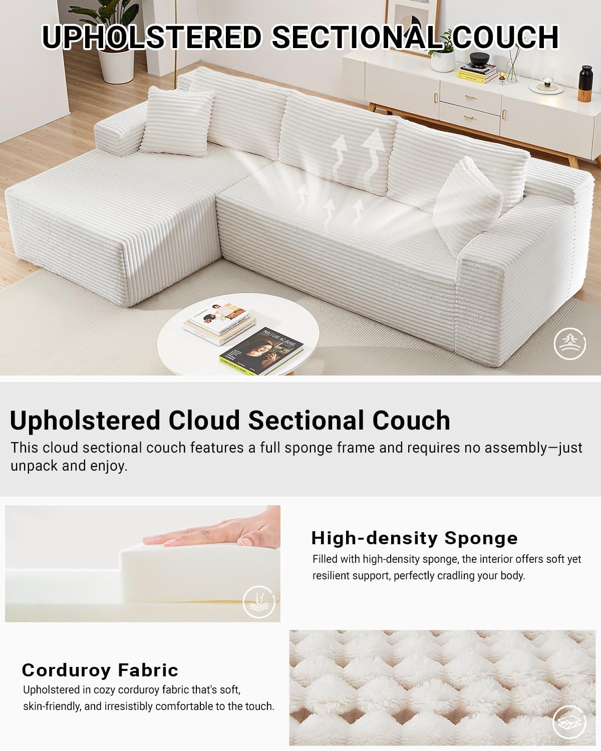 HANXIN Cloud Sectional Sofa L Shape Chaise Deep Seat Modular Living Room Couch
