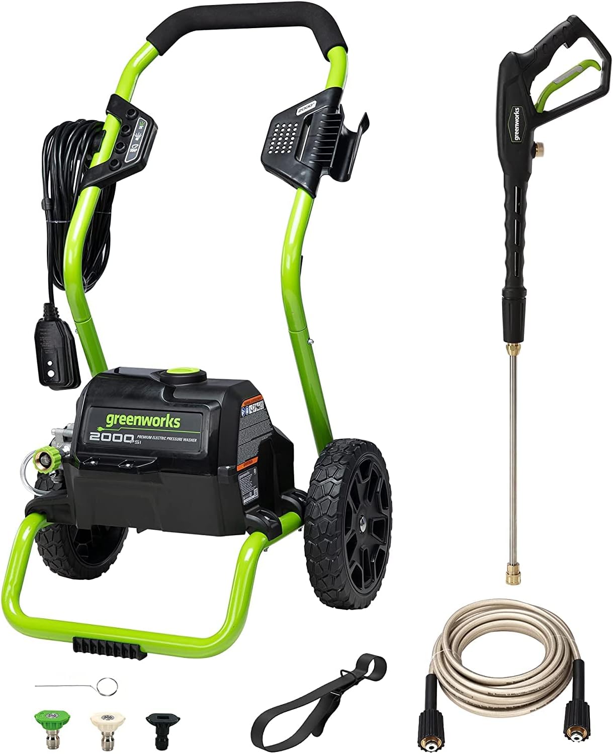 Greenworks 2000 PSI Electric Pressure Washer 13 Amp with Wheels 20 FT Hose 35 FT Cord