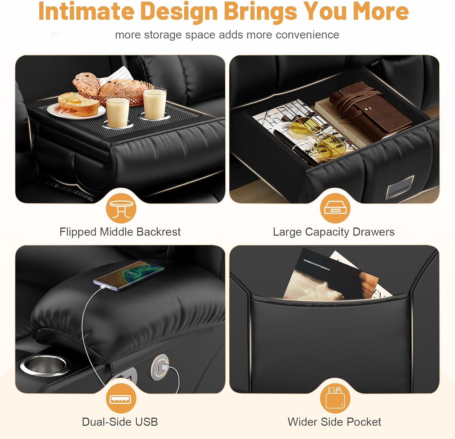Dresegmt Loveseat Recliner Sofa 3 Seat Flip Backrest with Storage USB Cup Holders