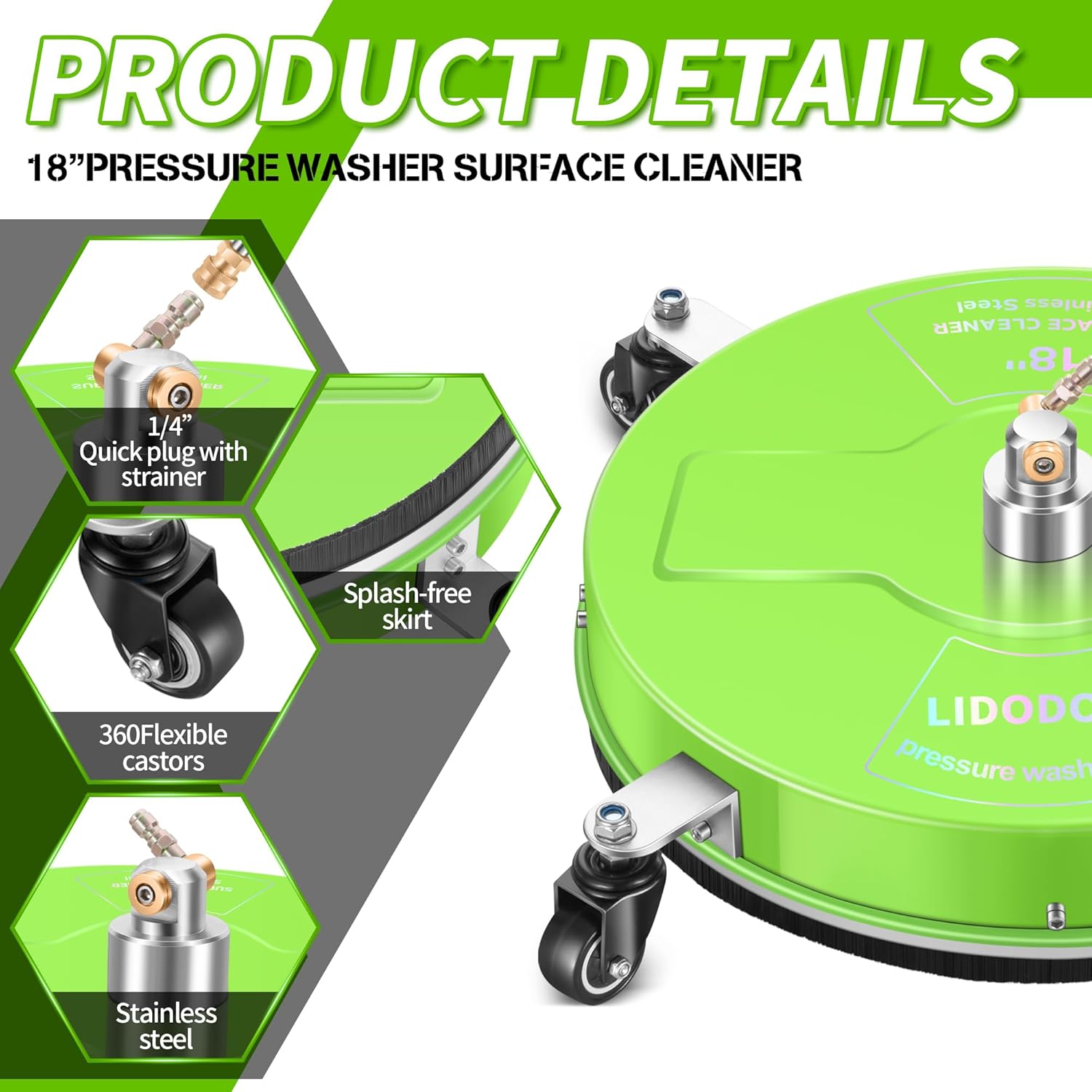 LidoDola 14 Inch Pressure Washer Surface Cleaner with Wheels for Concrete Patio Deck
