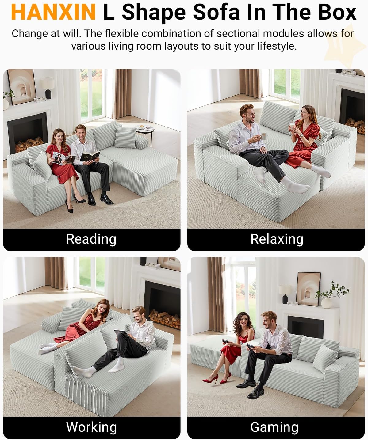 HANXIN Cloud Sectional Sofa L Shape Chaise Deep Seat Modular Living Room Couch