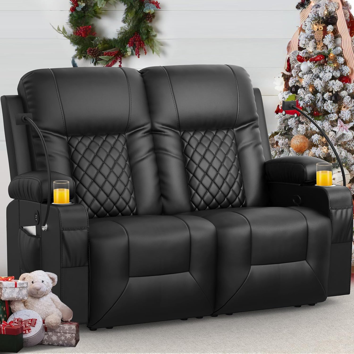 FURNIMAT Loveseat Recliner Sofa 2 Seater PU Leather Couch with USB Cup Holders
