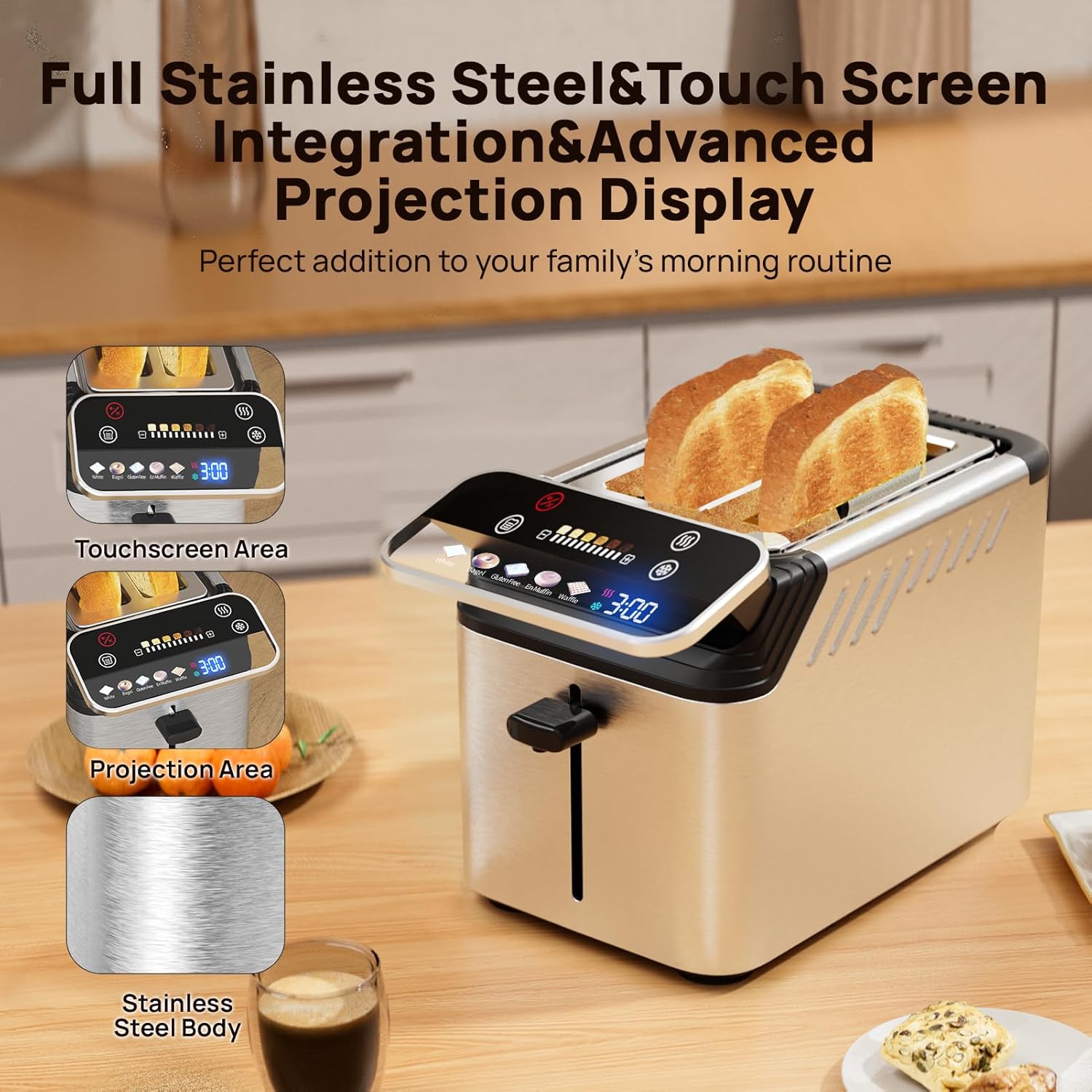 whall Digital Touch Screen Toaster 4 Slice Stainless Steel Dual Control Wide Slots