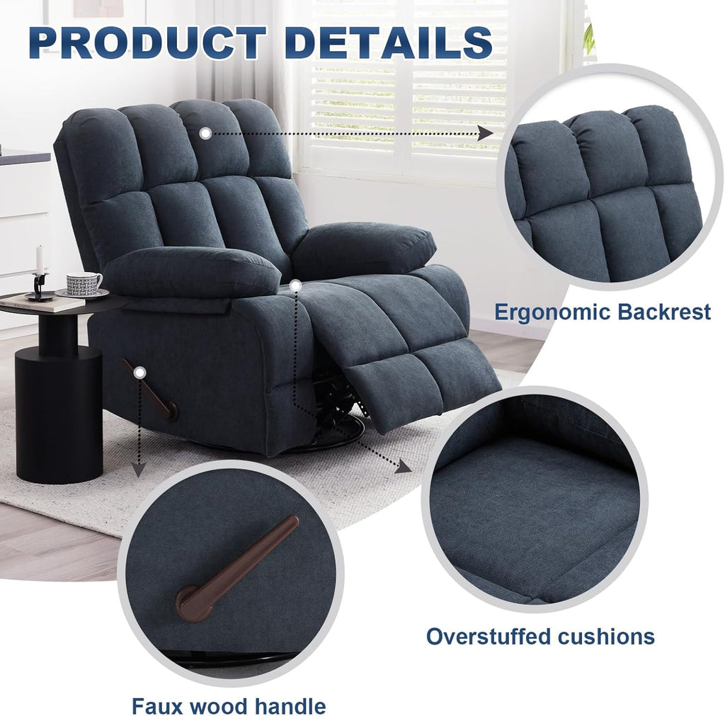 Eiayeebil Oversized Swivel Rocker Recliner Chair Extra Wide Manual Recliner