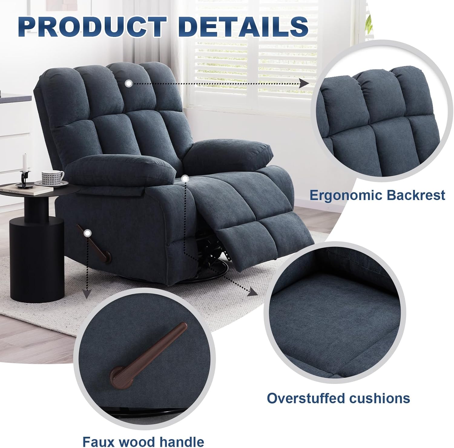 Eiayeebil Oversized Swivel Rocker Recliner Chair Extra Wide Manual Recliner