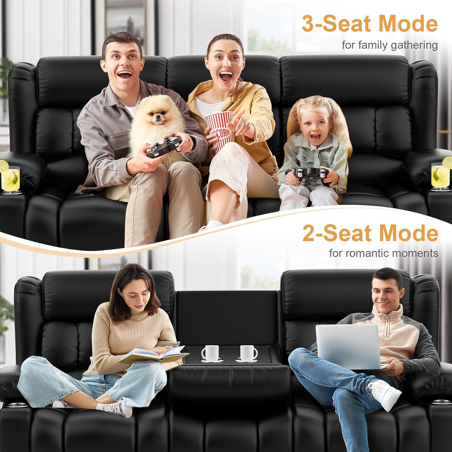 Dresegmt Loveseat Recliner Sofa 3 Seat Flip Backrest with Storage USB Cup Holders