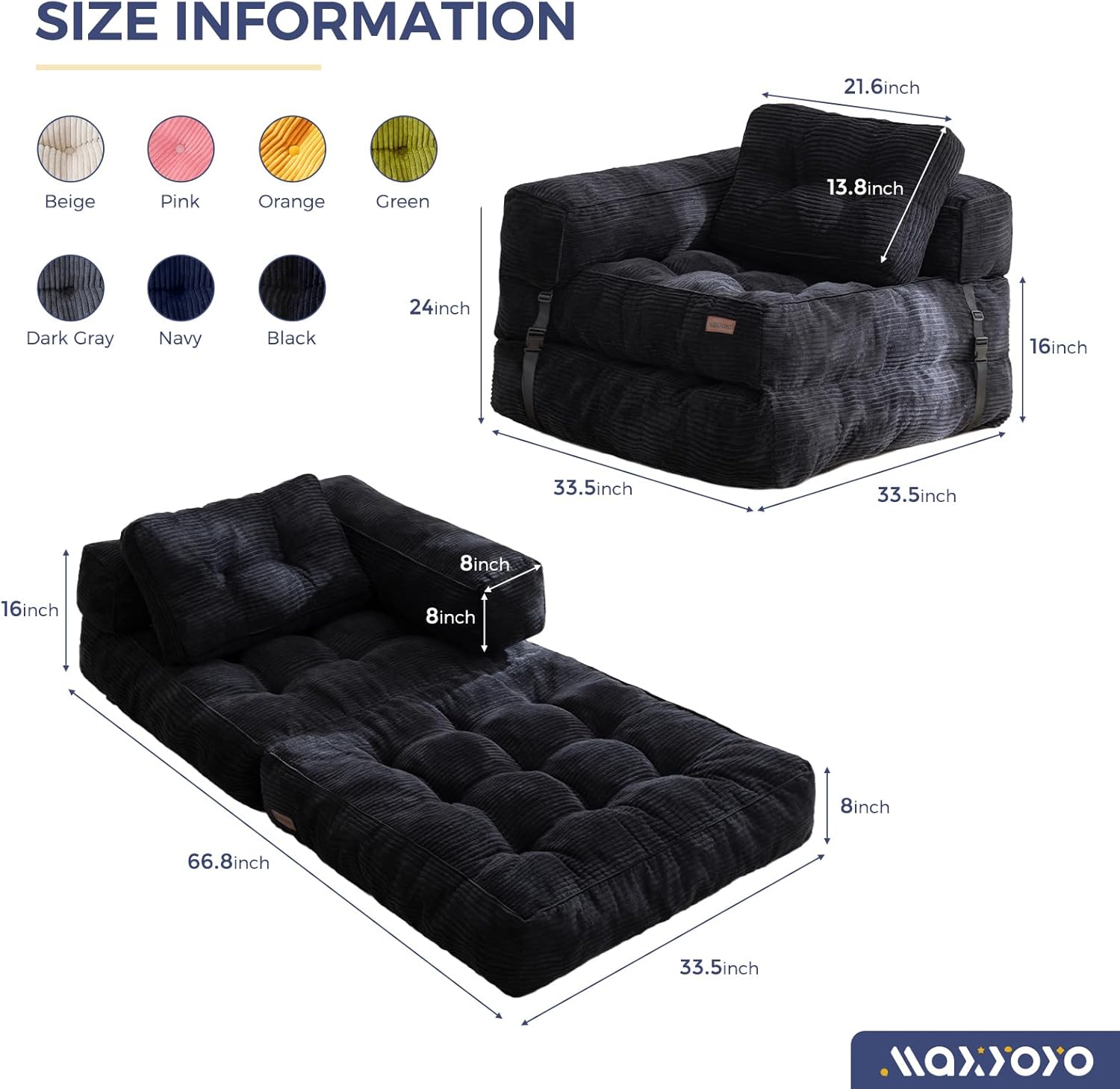 MAXYOYO L Shaped Folding Sofa Bed Convertible Sleeper with Pillow Armrest