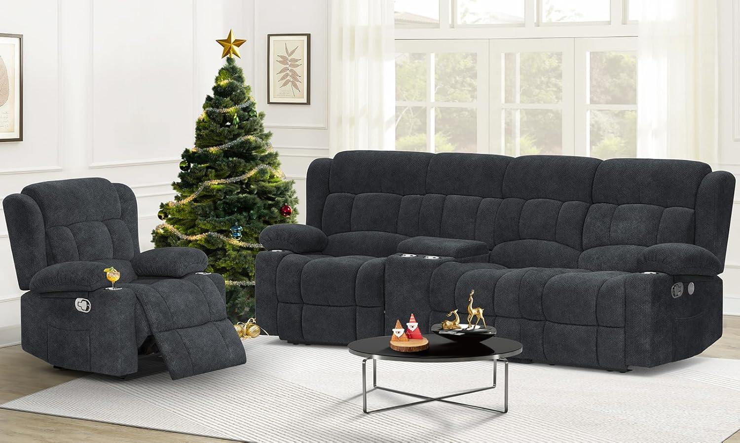 Dresegmt Loveseat Recliner Sofa 3 Seat Flip Backrest with Storage USB Cup Holders