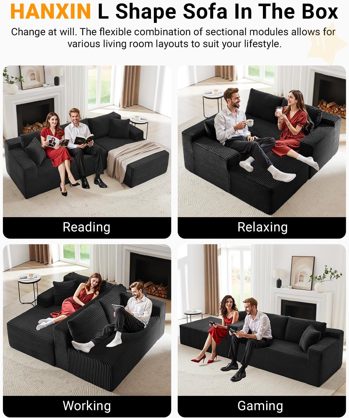 HANXIN Cloud Sectional Sofa L Shape Chaise Deep Seat Modular Living Room Couch
