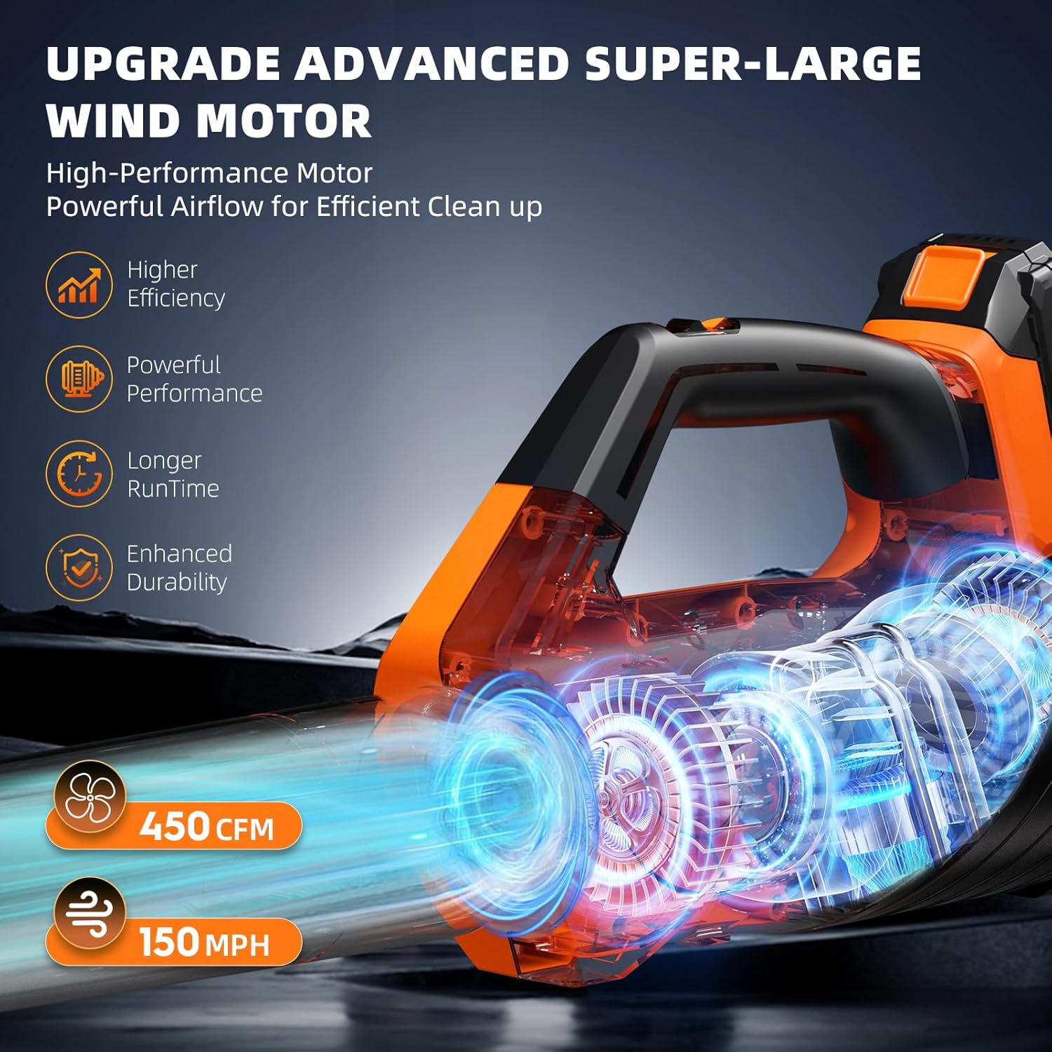 MTKOALA Cordless Leaf Blower 2 Batteries Fast Charger 450CFM 150MPH Lightweight